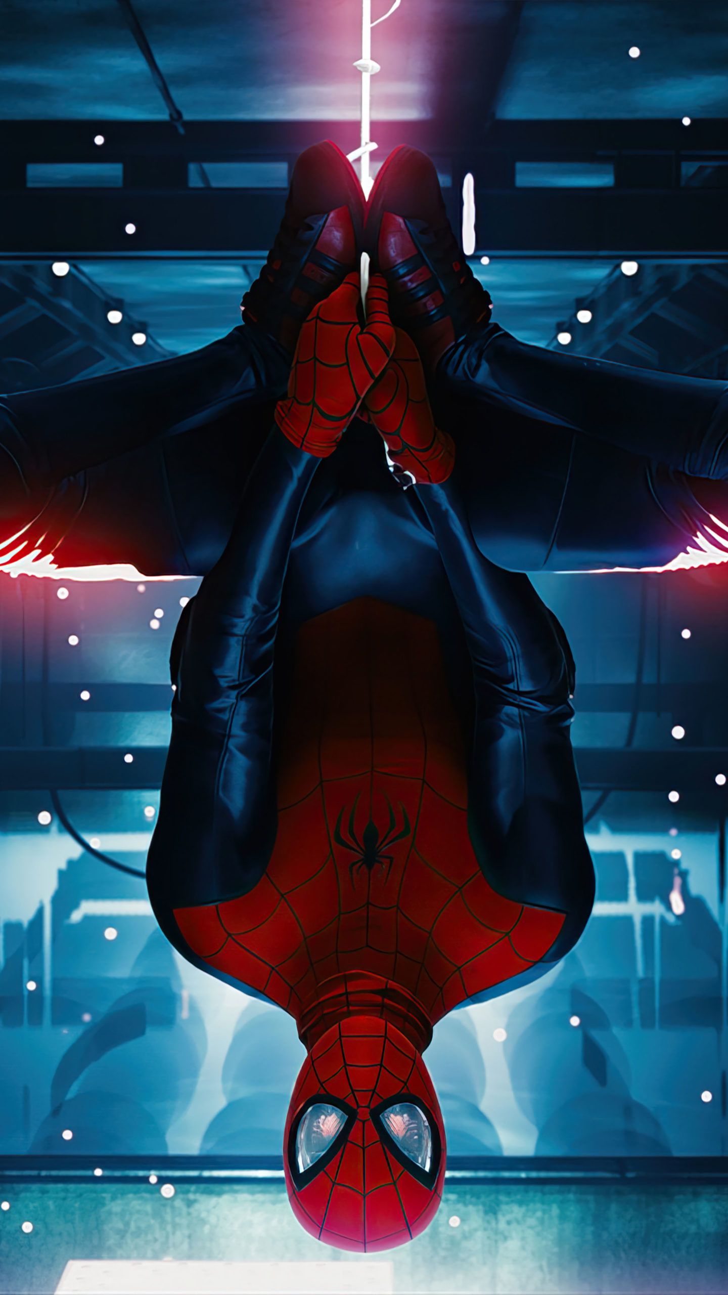 Spider Man Miles Morales Hanging Upside Down 4K Ultra HD Mobile Wallpaper