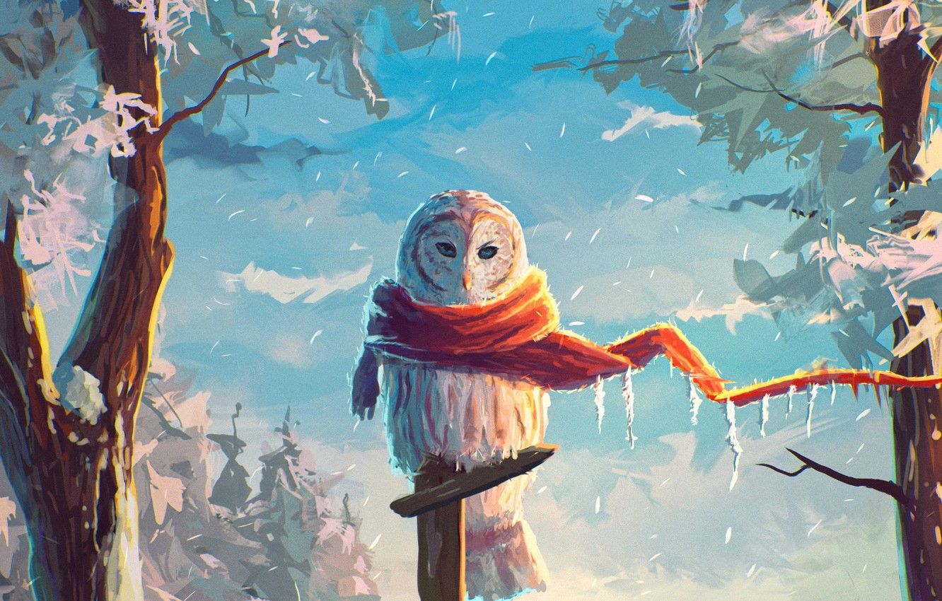 Wallpaper winter, snow, owl, bird, art image for desktop, section живопись