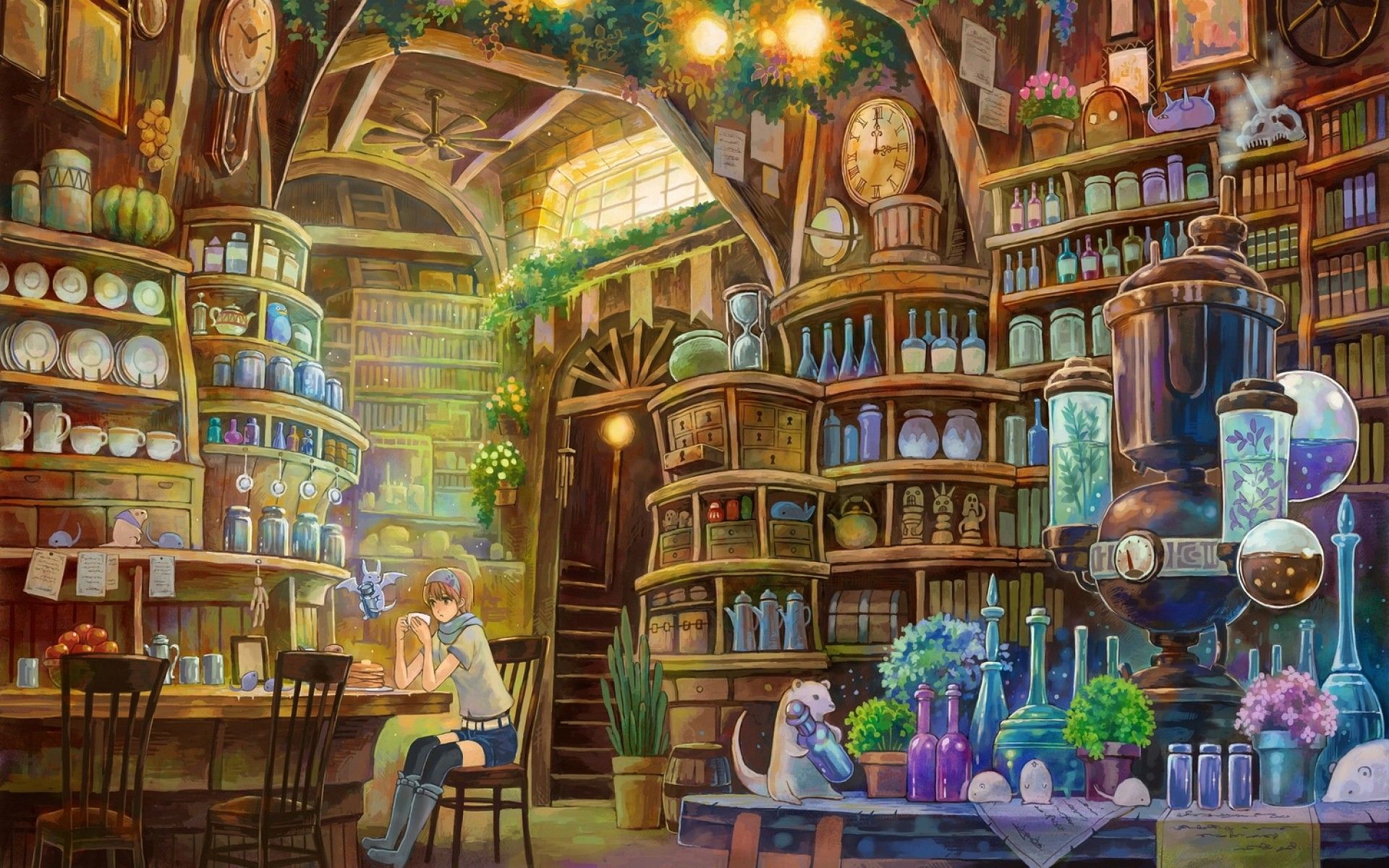 lights, bottles, cups, clocks, stairways, fantasy art, chairs, artwork, anime girls, potion, plates, arches, shelves, jars, interior spaces wallpaper