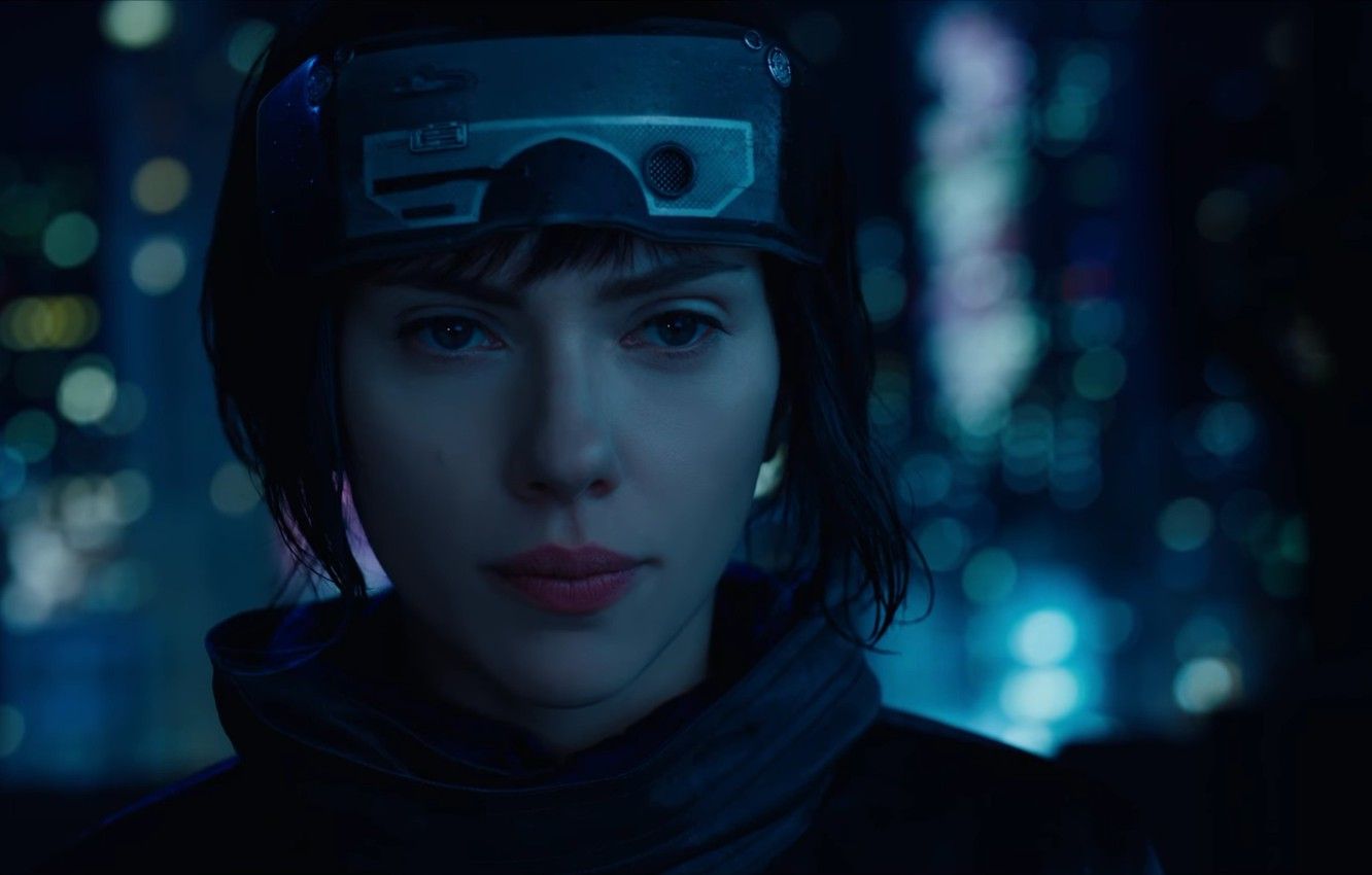 Wallpaper Scarlett Johansson, cinema, wallpaper, robot, green eyes, woman, anime, night, short hair, movie, Ghost in the Shell, face, brunette, film, manga, powerful image for desktop, section фильмы