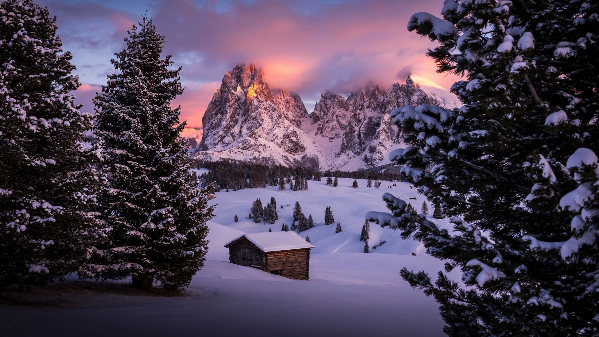 Desktop wallpaper winter, cabin, landscape, nature, dawn, mountains, HD image, picture, background, d7386c