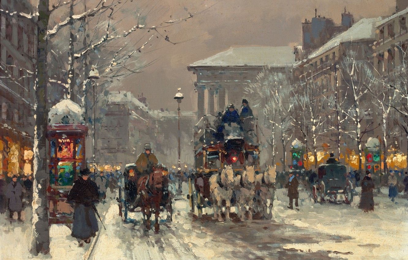 Wallpaper winter, Paris, winter scene in Paris 1930's, Edouard Cortes image for desktop, section живопись