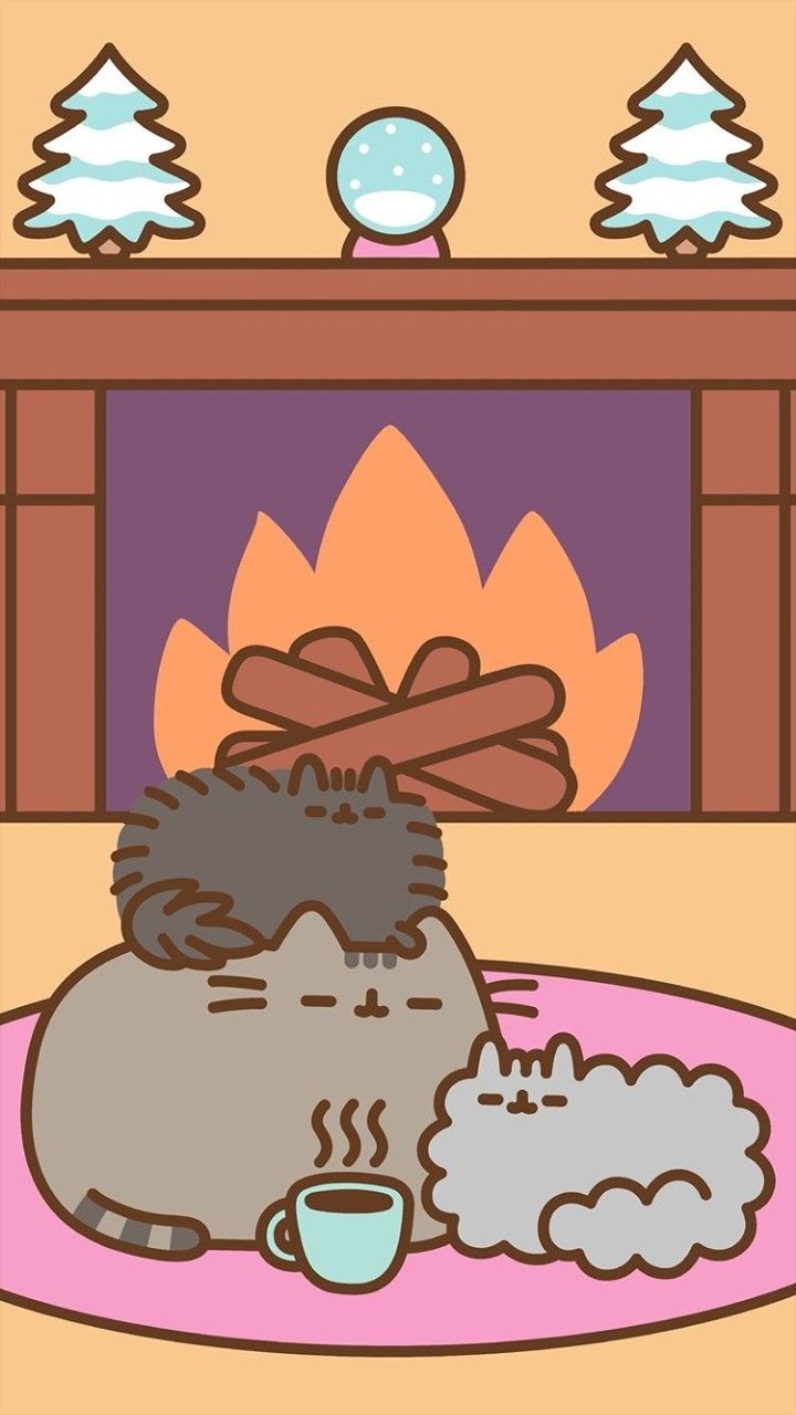 Pusheen, Pip, Stormy by the fire. Pusheen cute, Pusheen christmas, Cute wallpaper