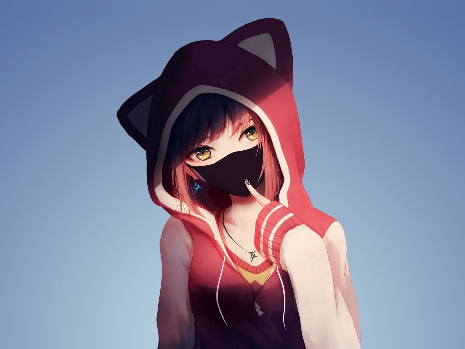 Anime Girl In Hoodie, Mask, Original, Wallpaper Emo Anime Girl