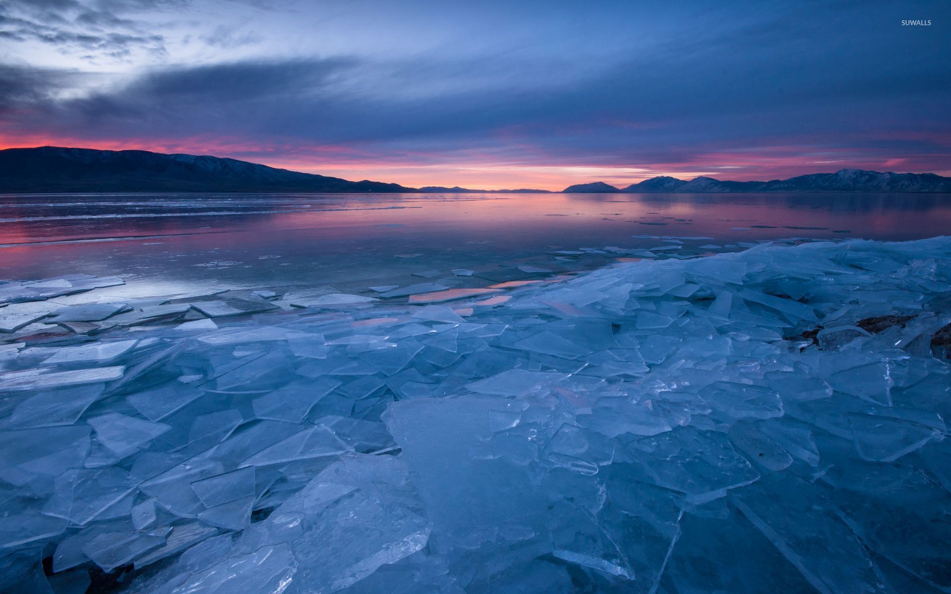 Sunset over frozen lake wallpapers