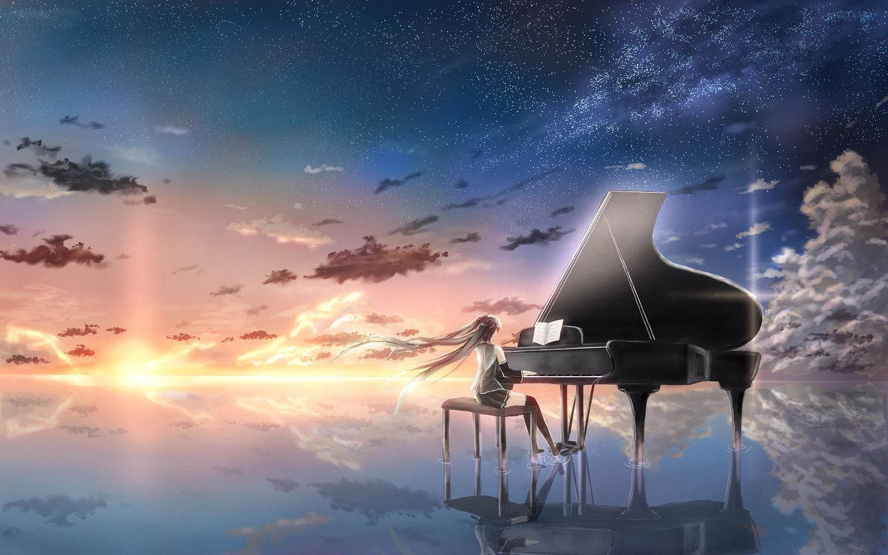 Premium Photo | Anime boy playing piano on beach with seagulls flying  around generative ai
