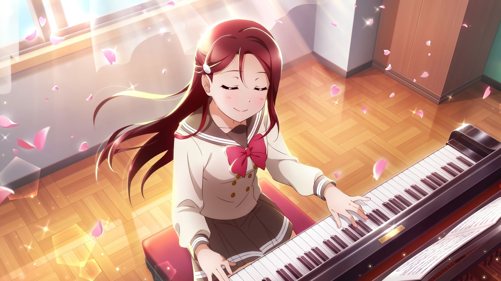 Desktop wallpaper piano play, love live!, anime girl, redhead, HD image, picture, background, 5034af