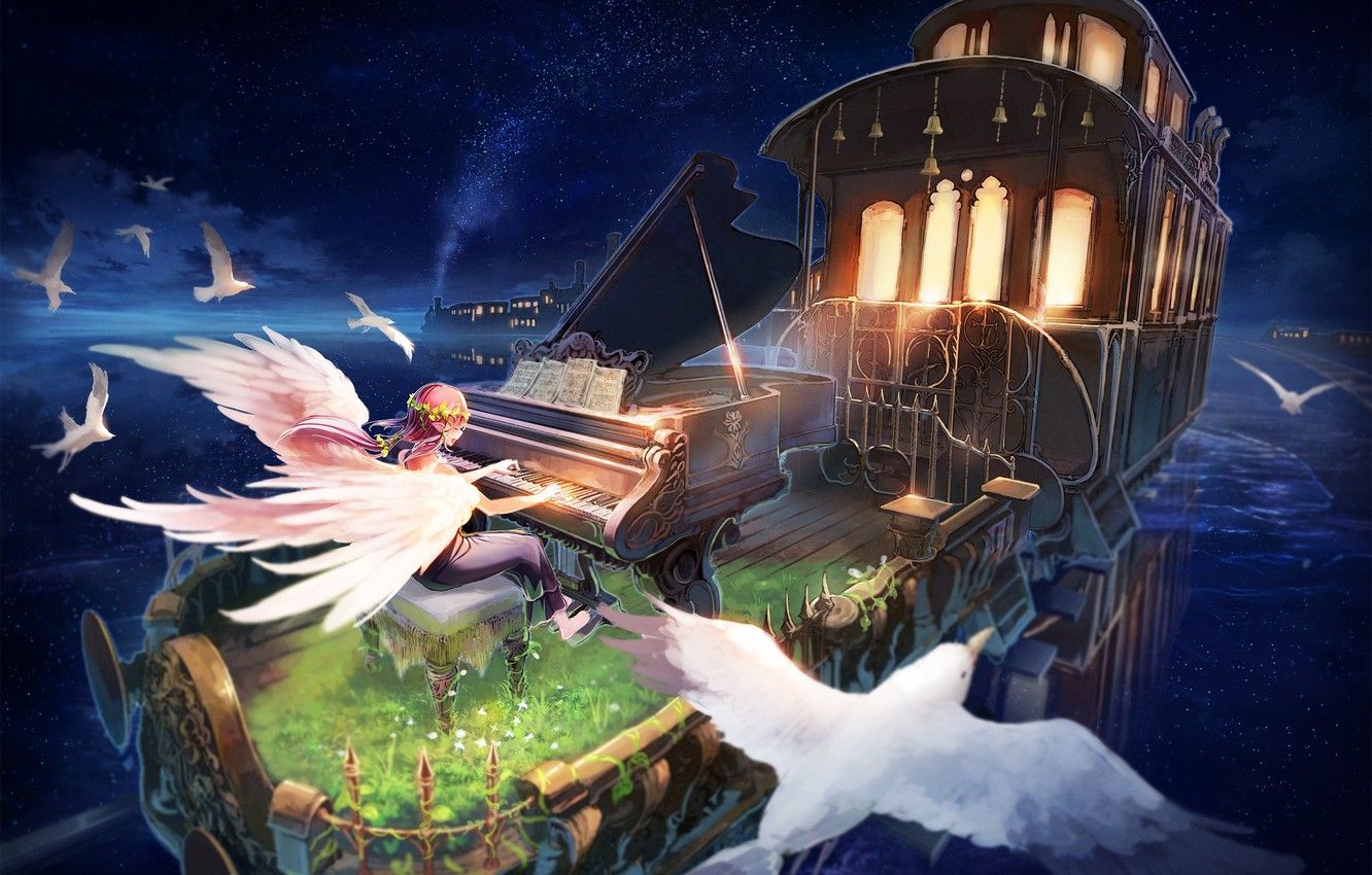 Wallpaper girl, birds, angel, anime, piano, the car image for desktop, section арт