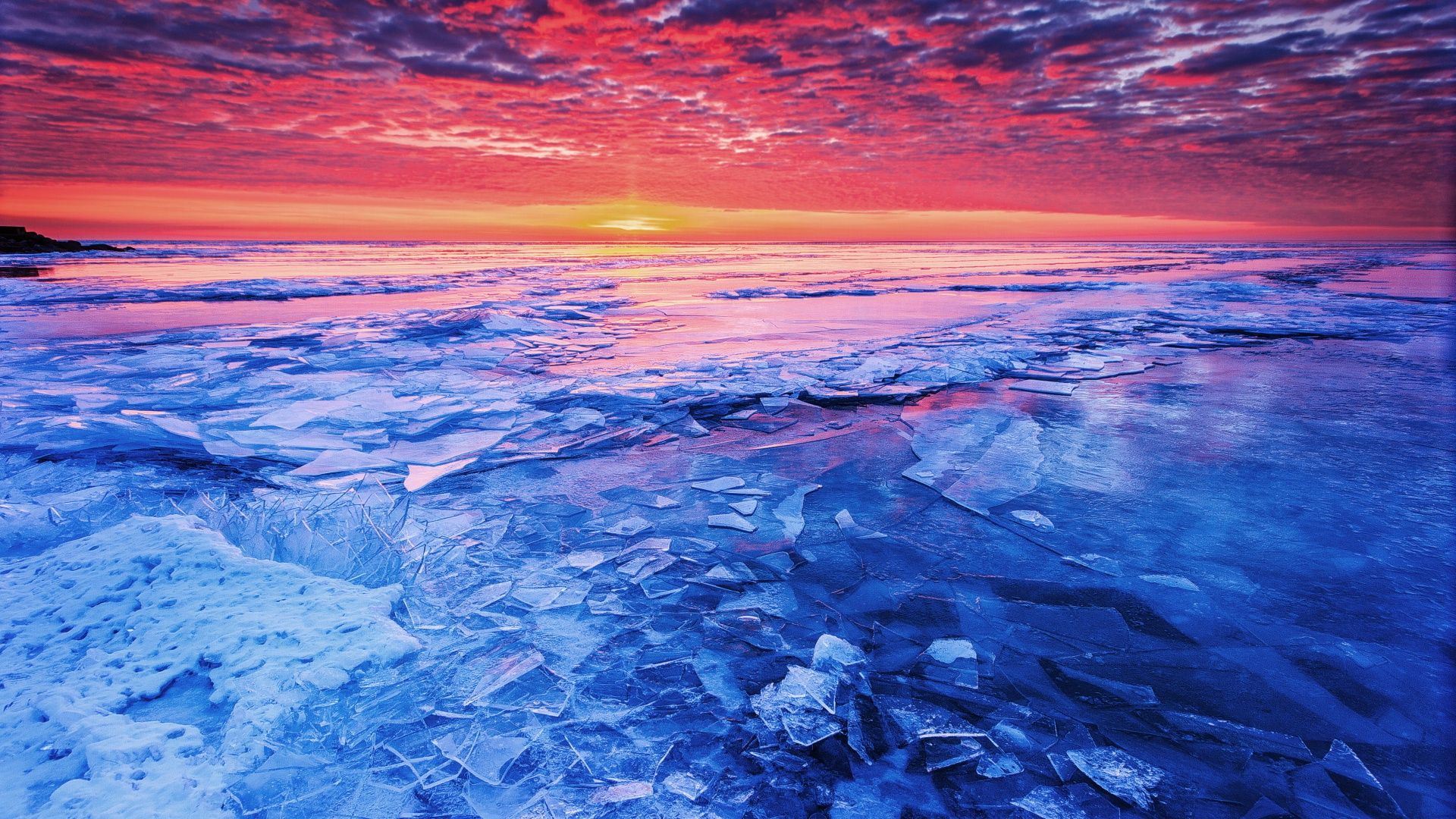 Blue Frozen Lake & Red Sunset desktop PC and Mac wallpaper