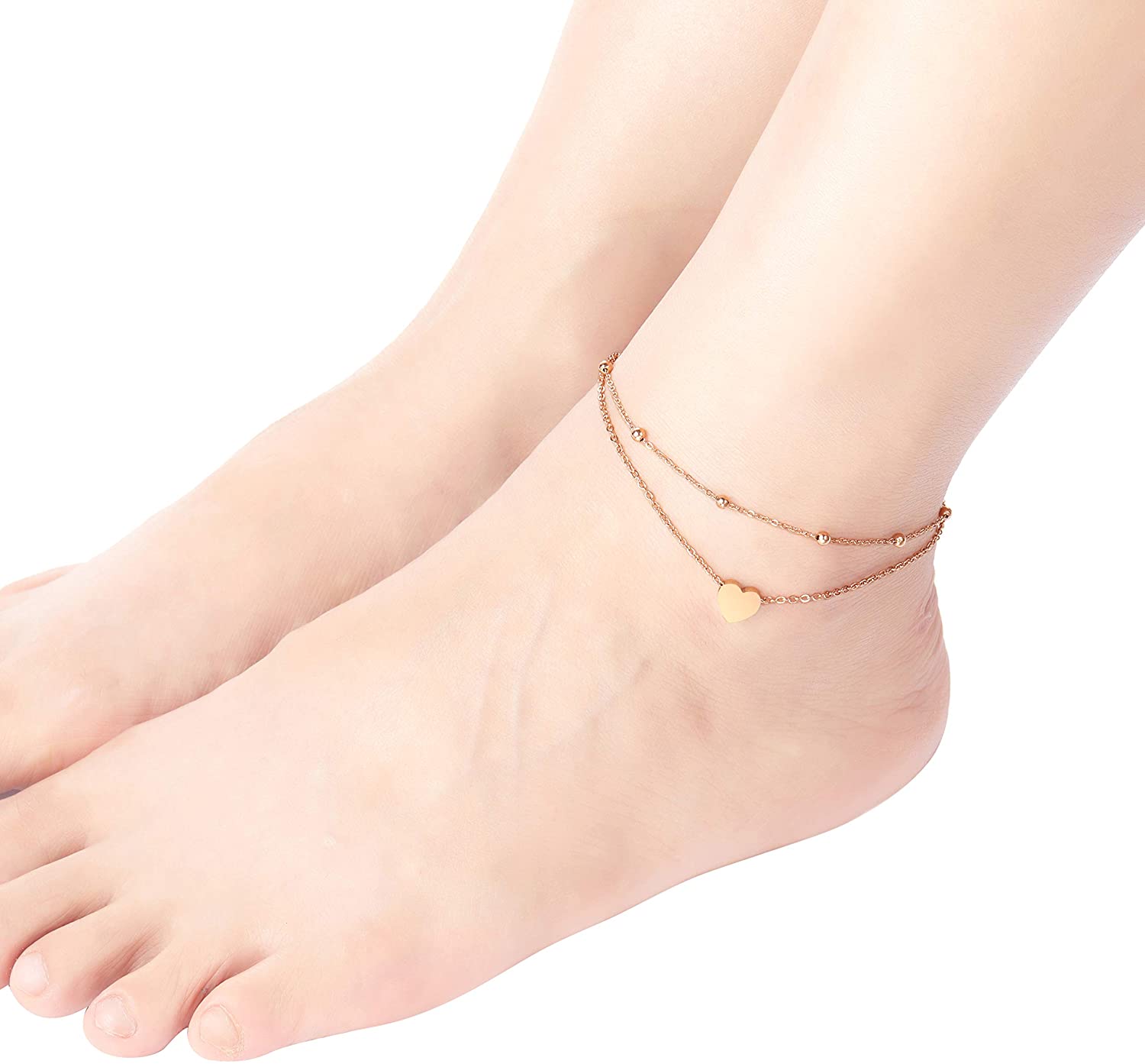 Anniversary Valentines Mothers Christmas Day Gift 18K Rose Gold Love Heart Charm Bar Bangle Bracelet Link Chain Anklet Fashion Beach Foot Sandal Jewelry Ankle Bracelet for Womens Birthday Anklets Women