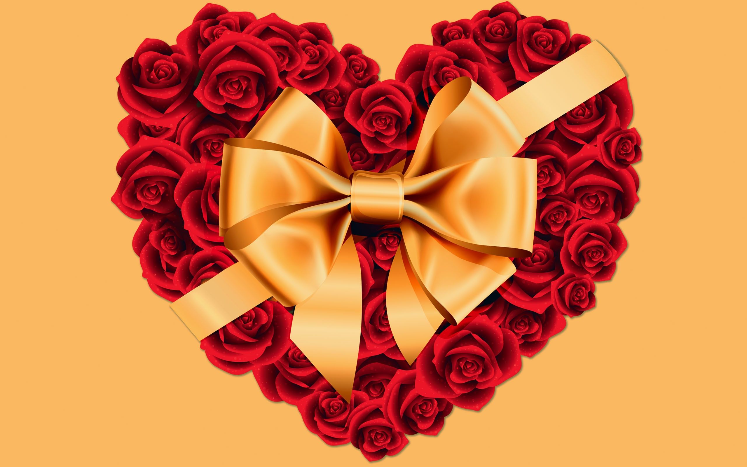 Large Rose Heart With Gold Bow's Day HD Wallpaper