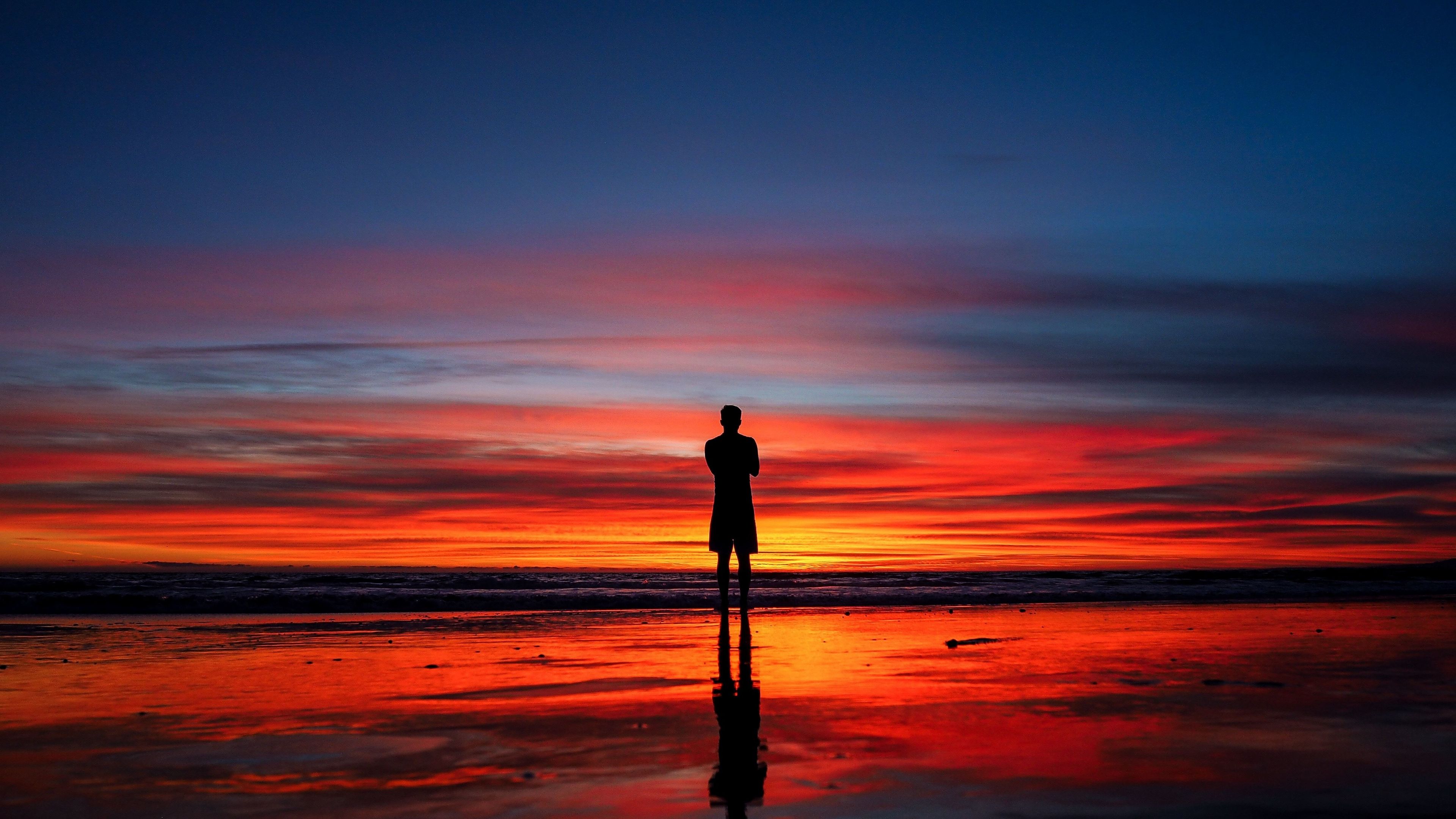 Download 3840x2160 wallpaper calm, peace, silhouette, reflections, man and sunset, 4k, uhd 16: widescreen, 3840x2160 HD image, background, 15930