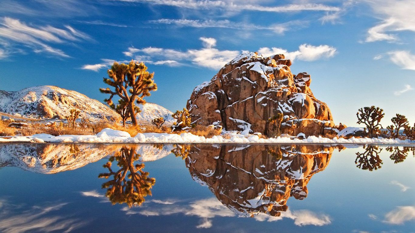 Beautiful Landscape Wallpaper HD Winter Peaceful Lake Cacti, Rocks And Hills With Snow, Blue Sky And White Cloud Reflection In Water Joshua Tree National Park U.s.a, Wallpaper13.com