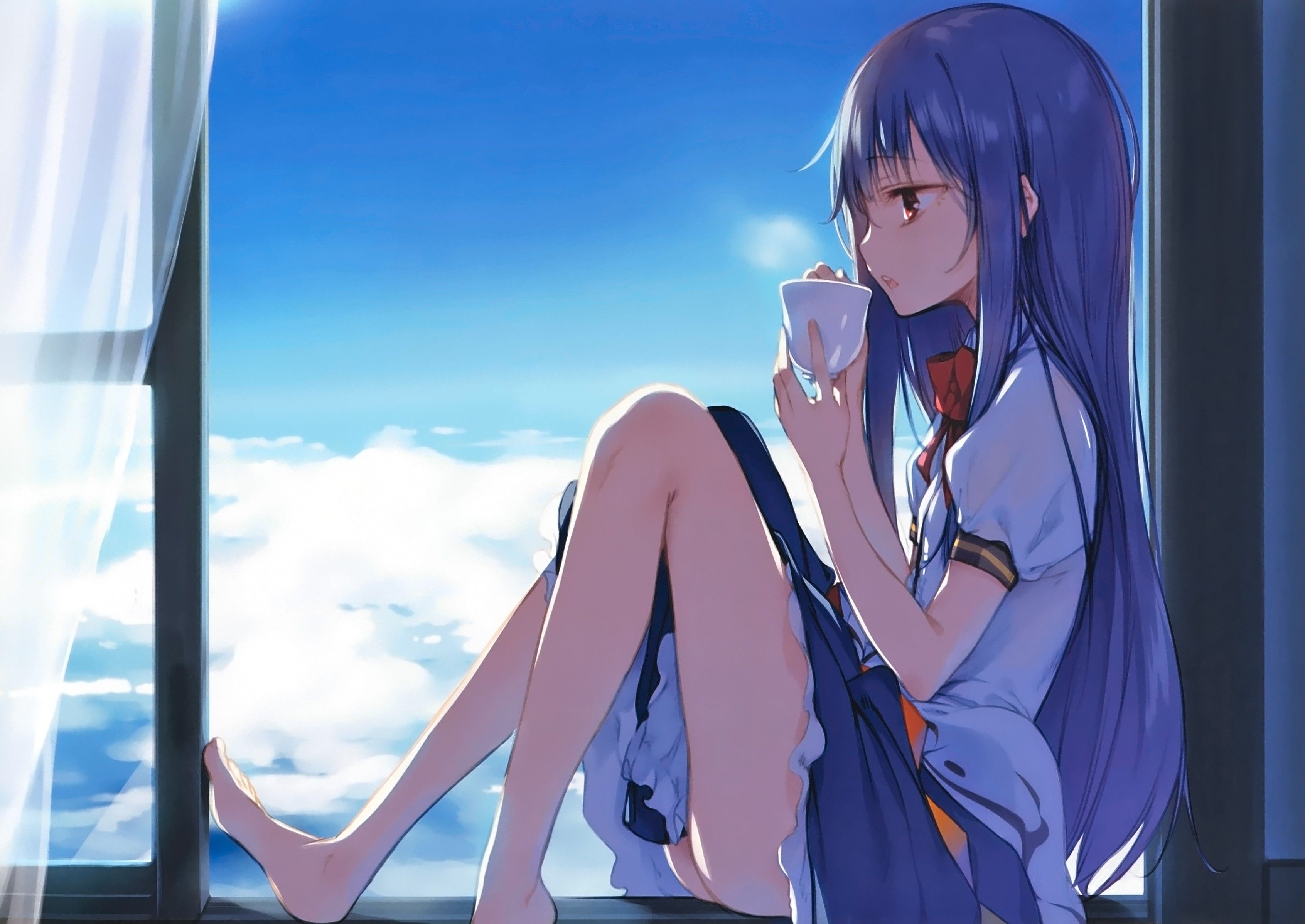 long hair, Feet, Clouds, Sky, Curtains, Anime girls, Hinanawi Tenshi, Ke ta, Touhou Wallpaper HD / Desktop and Mobile Background