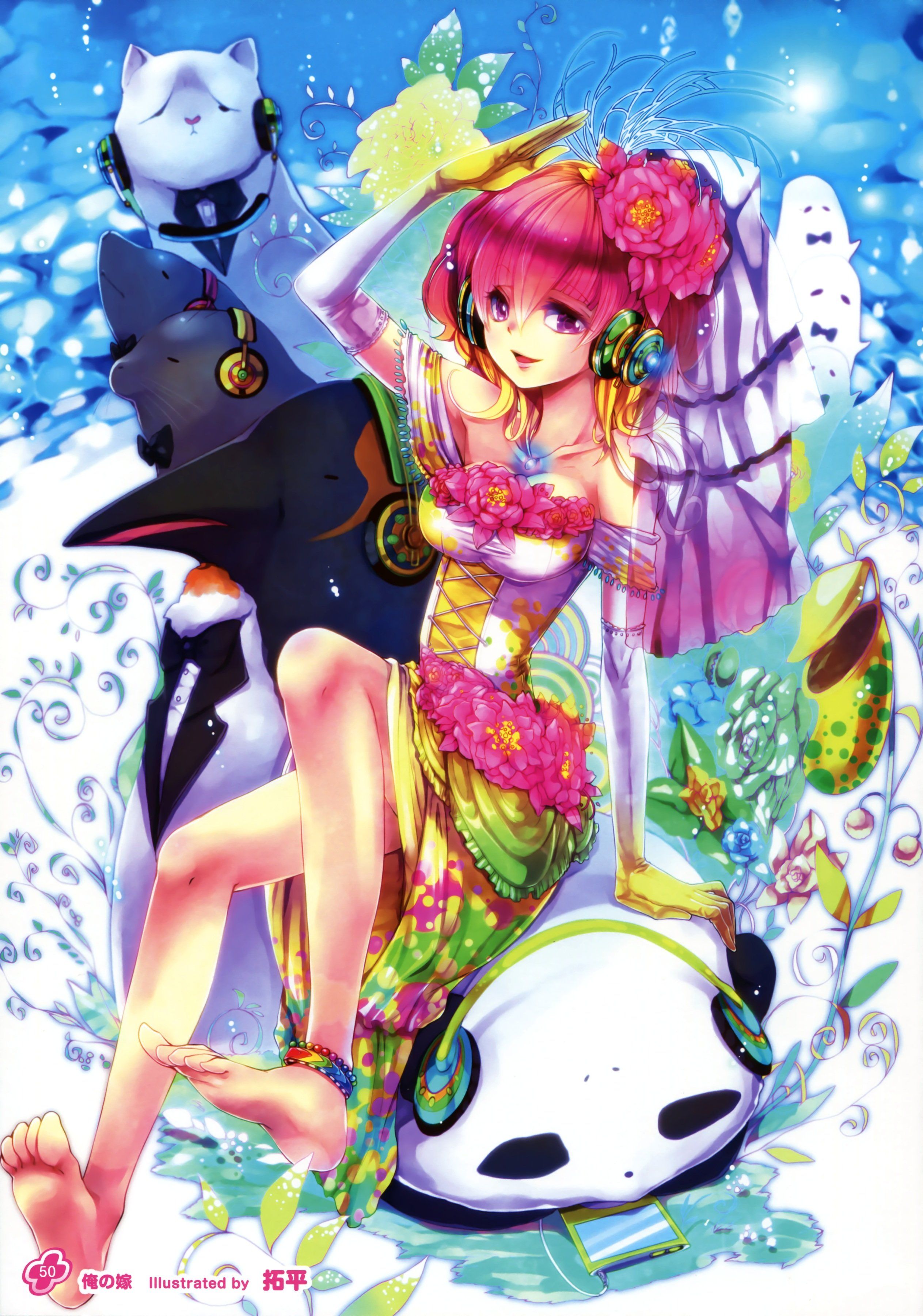 Anime girl flower dress feet headphones tagme wallpaperx3600