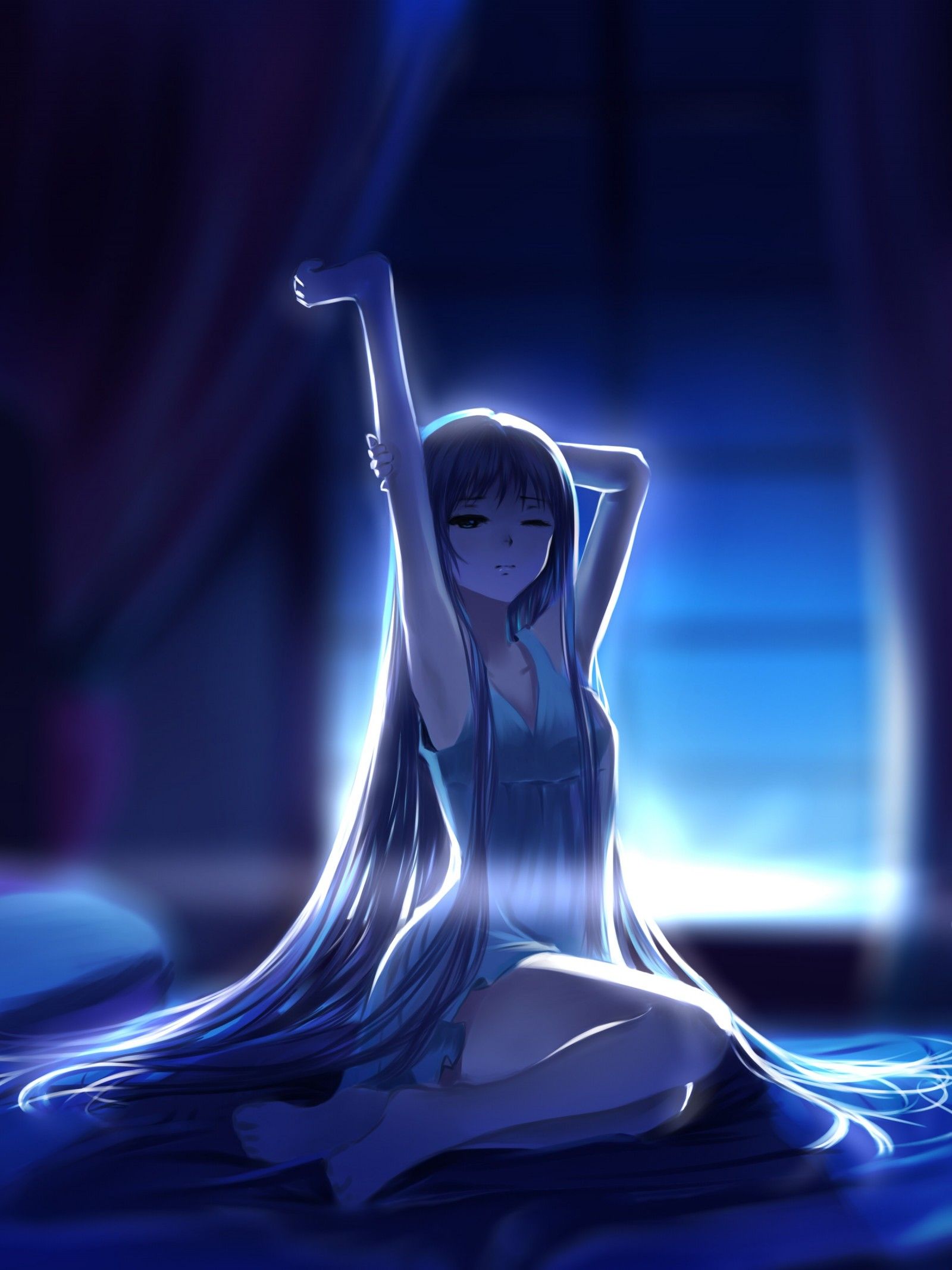 night, long hair, anime, anime girls, reflection, bed, blue, glass, feet, light, darkness, screenshot, computer wallpaper