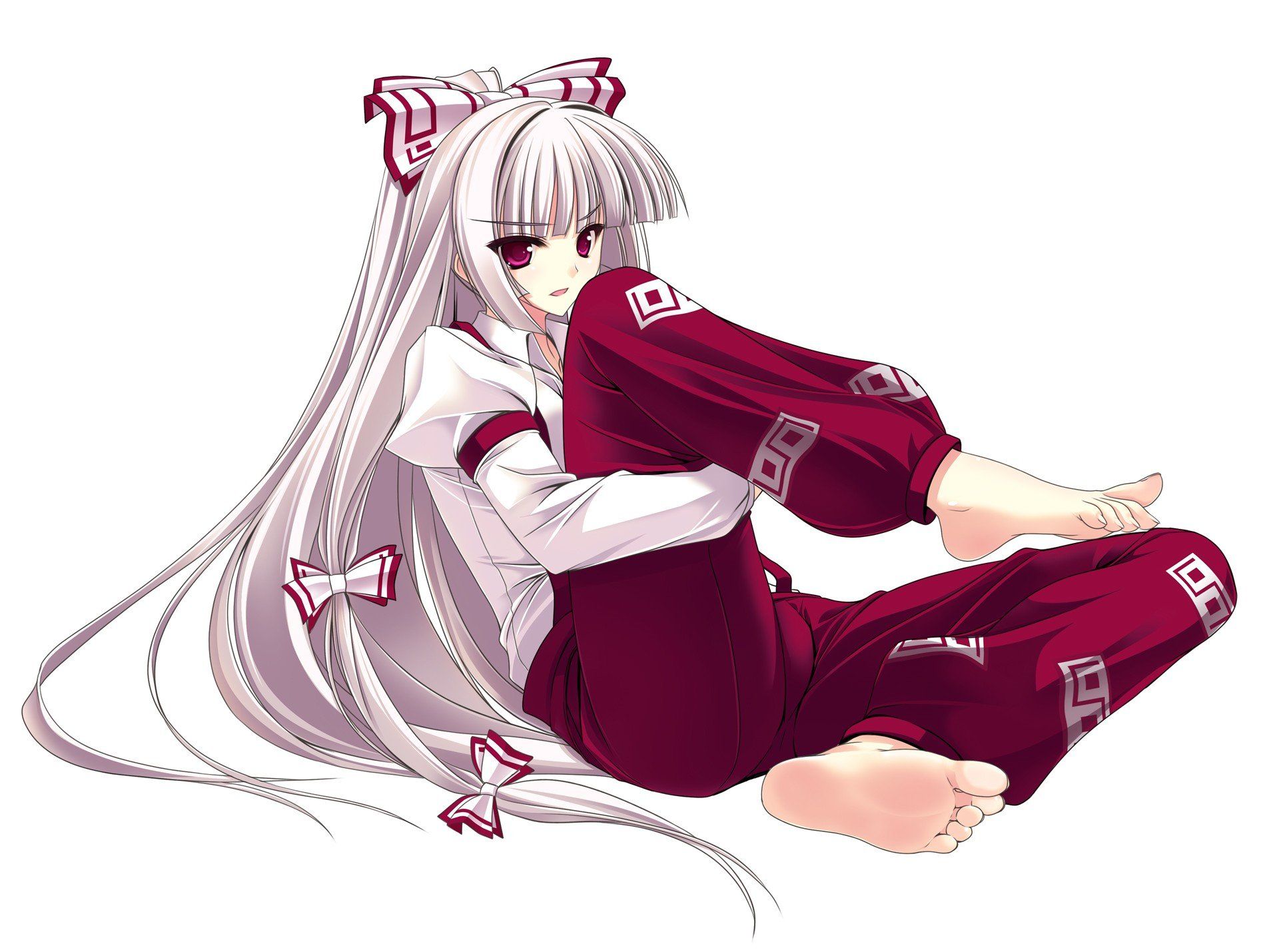 Touhou white barefoot Fujiwara no Mokou gray hair simple background anime girls wallpaperx1429
