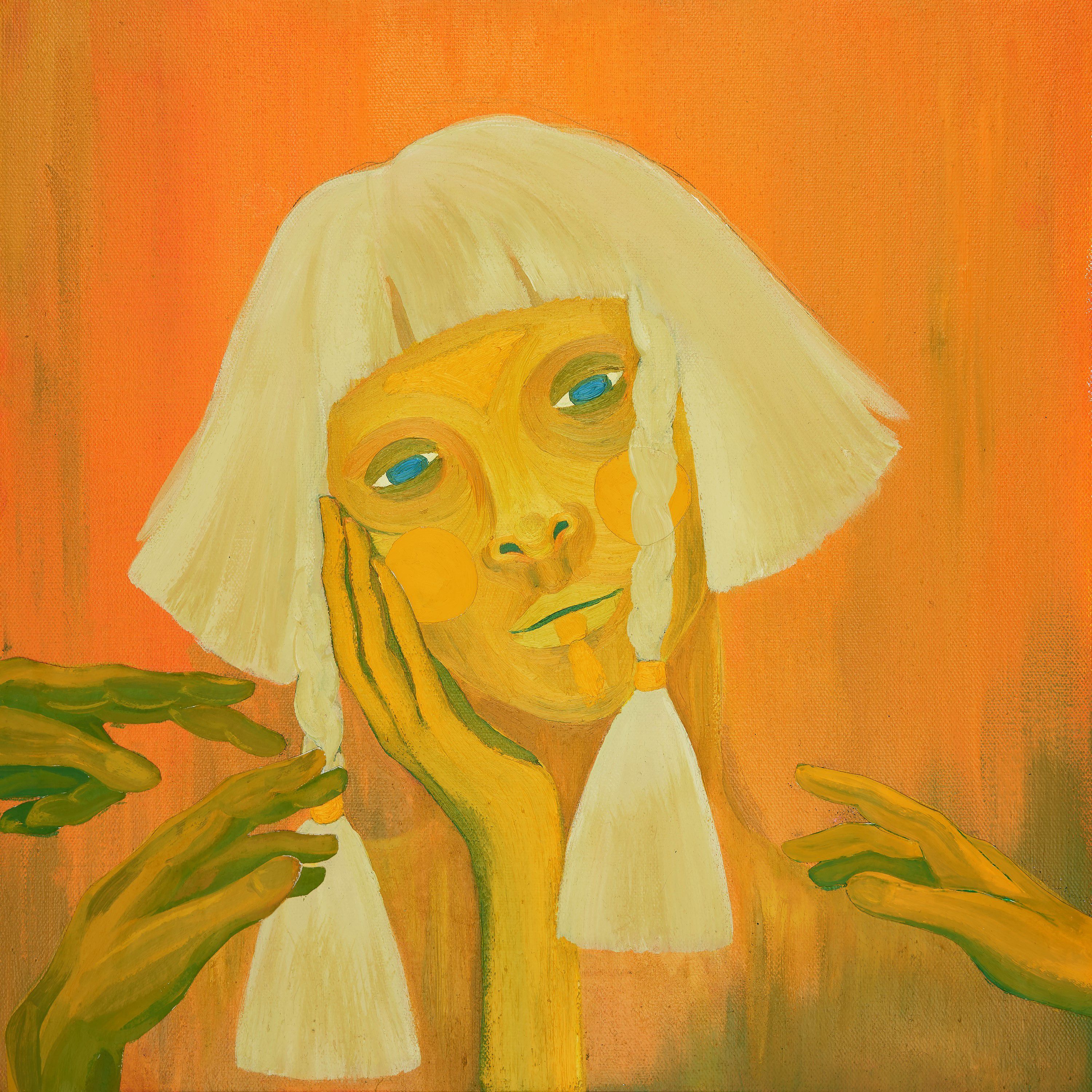 Aurora Aksnes Music Artwork Blonde Orange Background Face Blue Eyes Portrait Women Hands Wallpaper:3000x3000