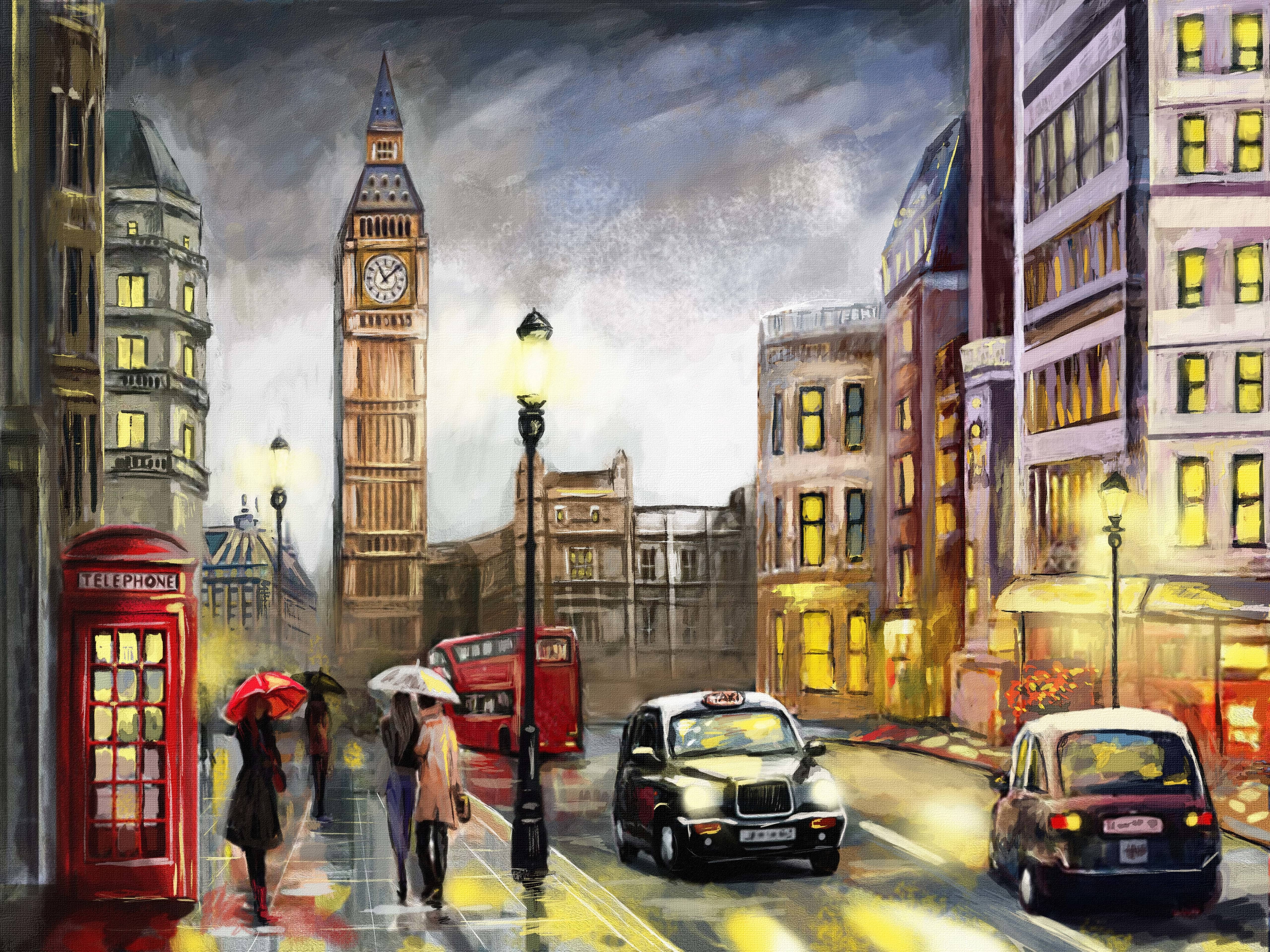 Oil Painting on Canvas Street View of London Premium 4K wallpaper