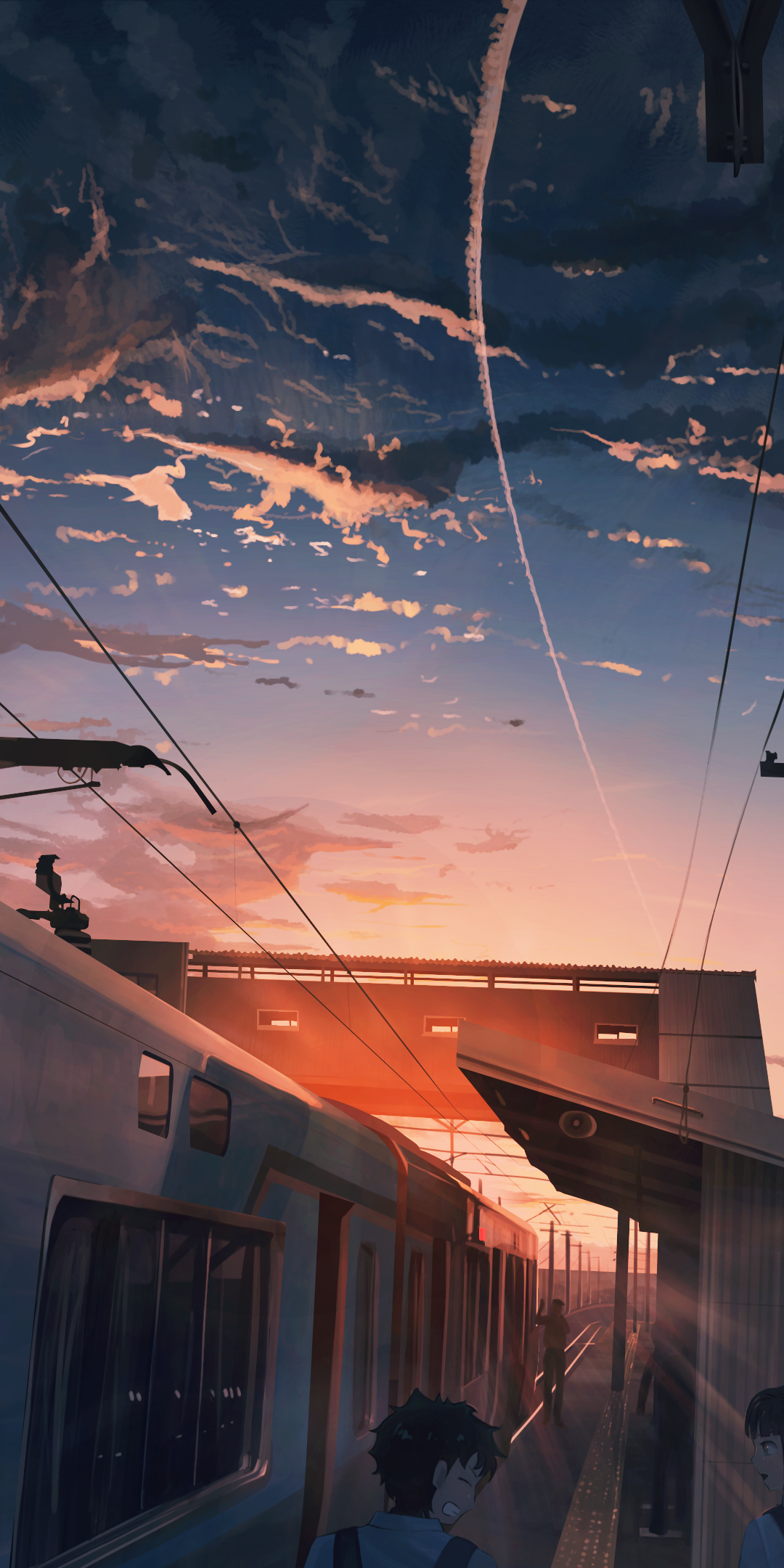 Download 1080x2160 Anime Landscape, Sunset, Train, Clouds, Scenic, Fence Wallpaper for Huawei Mate 10