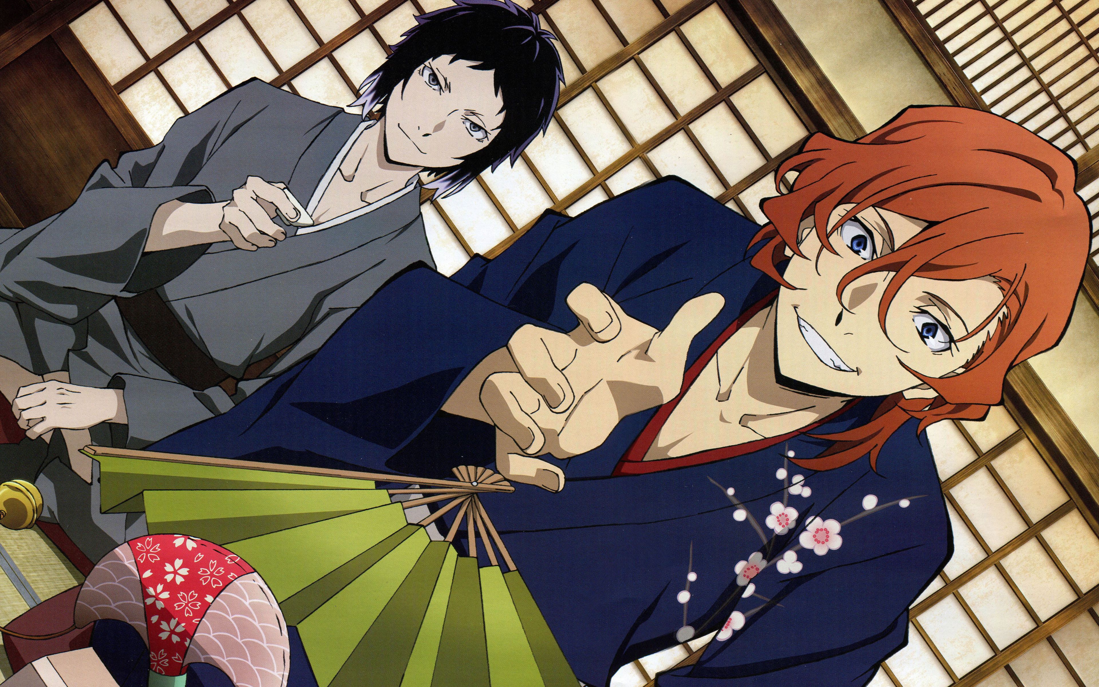 Download wallpaper Bungou Stray Dogs, 2nd Season, 2017, Osamu Dazai, Chuuya Nakahara, Japanese anime, 4k for desktop with resolution 3840x2400. High Quality HD picture wallpaper