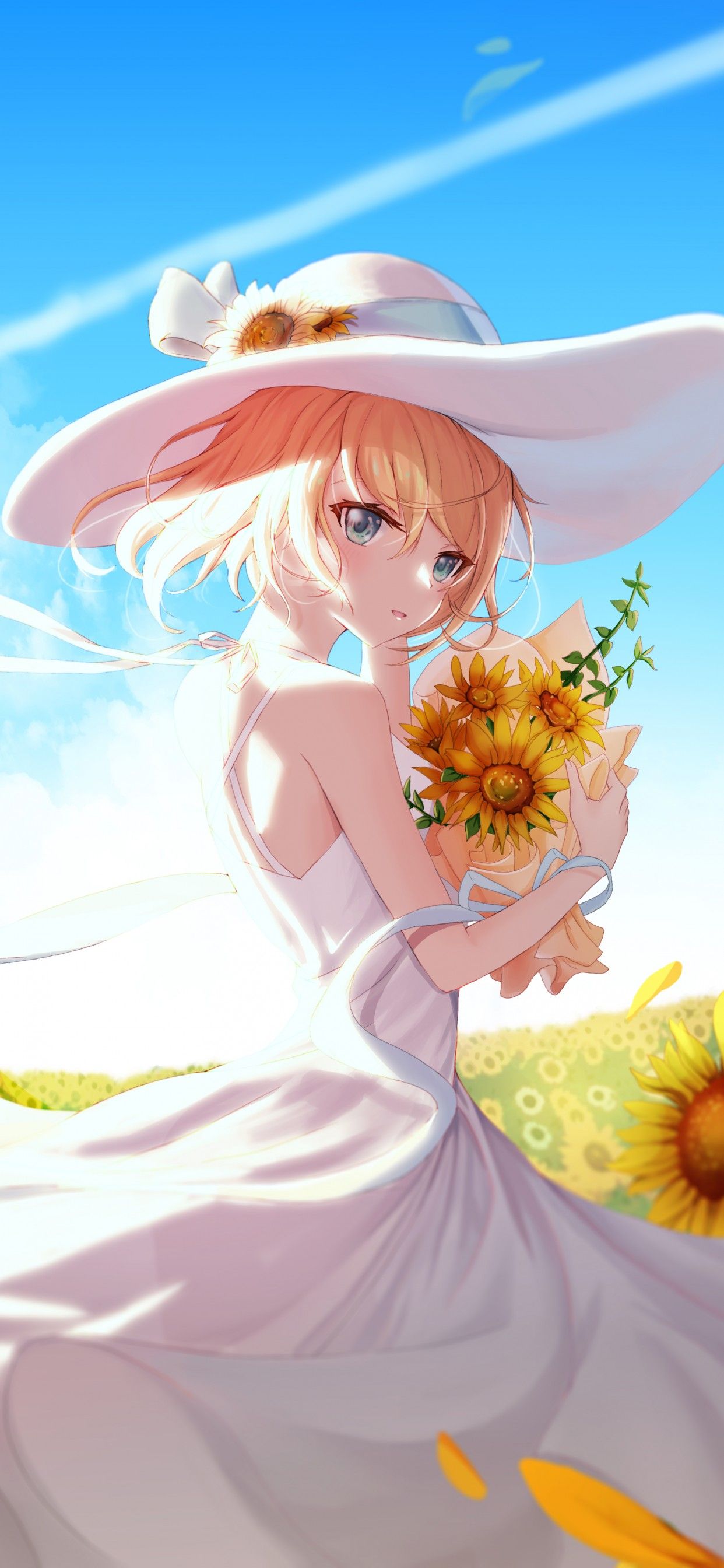 Anime girl 4K Wallpaper, Sunflowers, Sunny day, 5K, Fantasy,