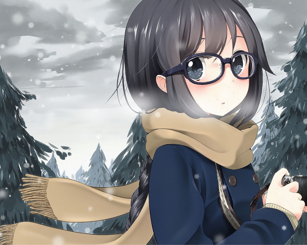Desktop Wallpaper Glasses, Cute, Anime Girl, Photographer, Outdoor, HD Image, Picture, Background, 9b8cf0