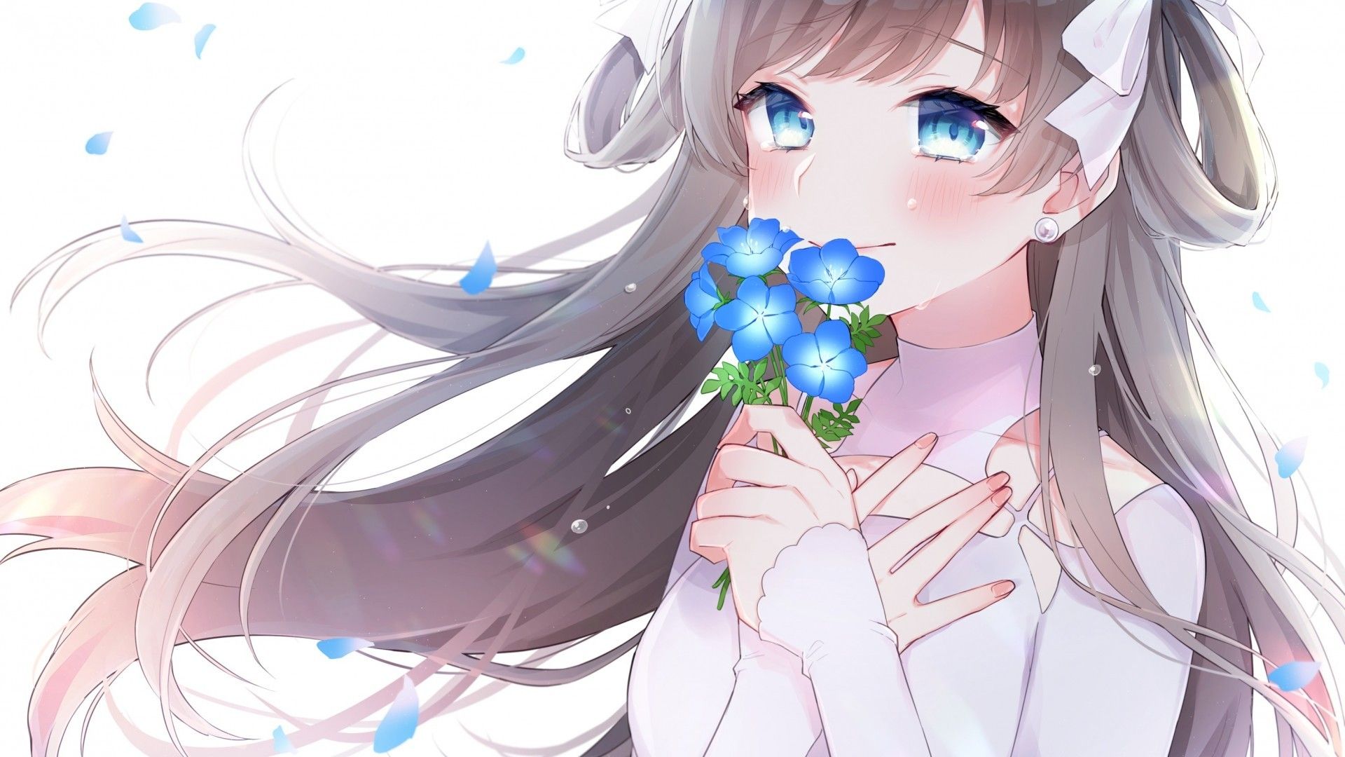 Download 1920x1080 Crying, Blue Eyes, Anime Girl, Tears, Brown Hair, Blue Flowers Wallpaper for Widescreen