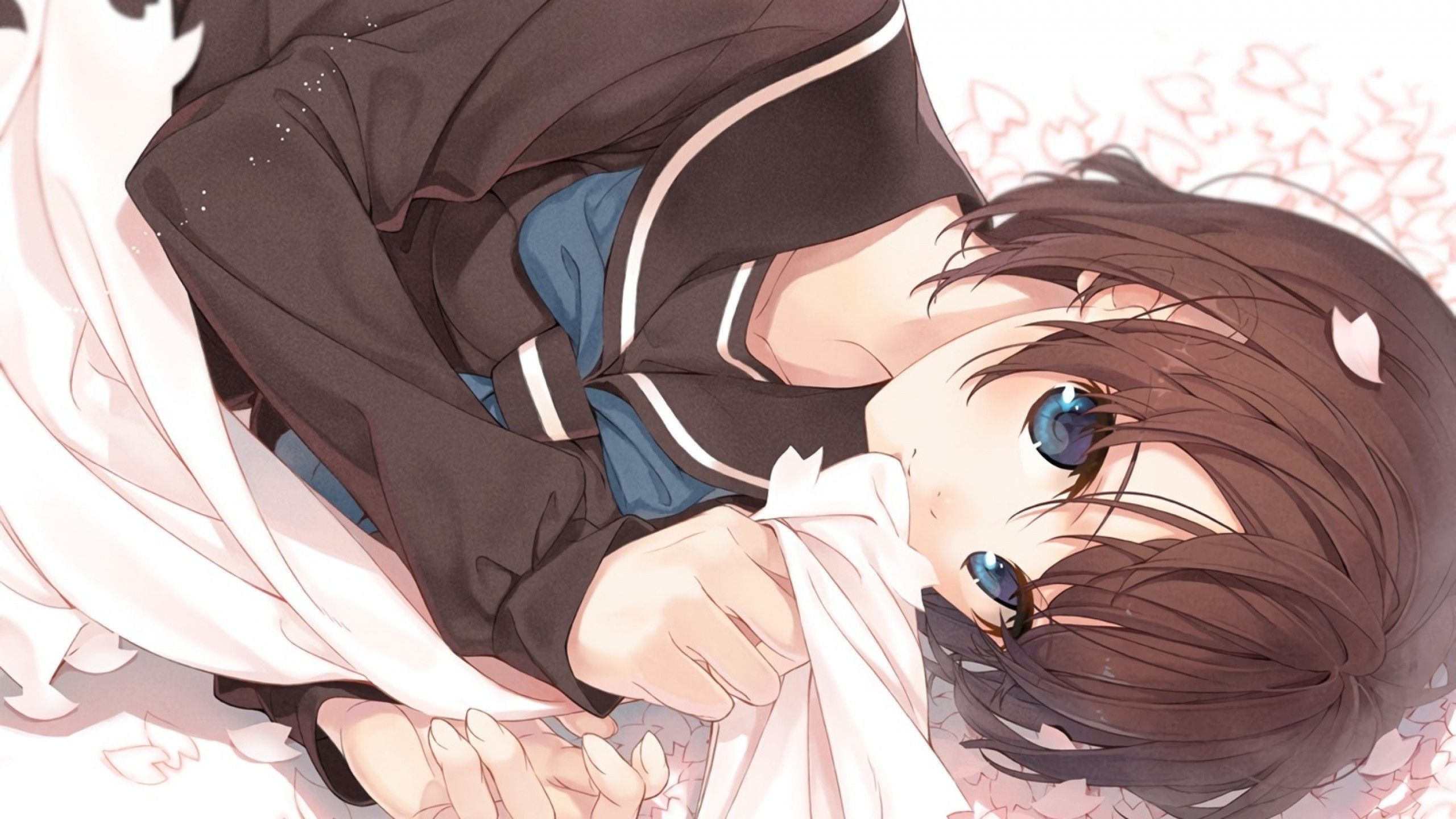 Download 2560x1440 Anime Girl, Lying Down, Short Hair, Blue Eyes, Brown Hair Wallpaper for iMac 27 inch