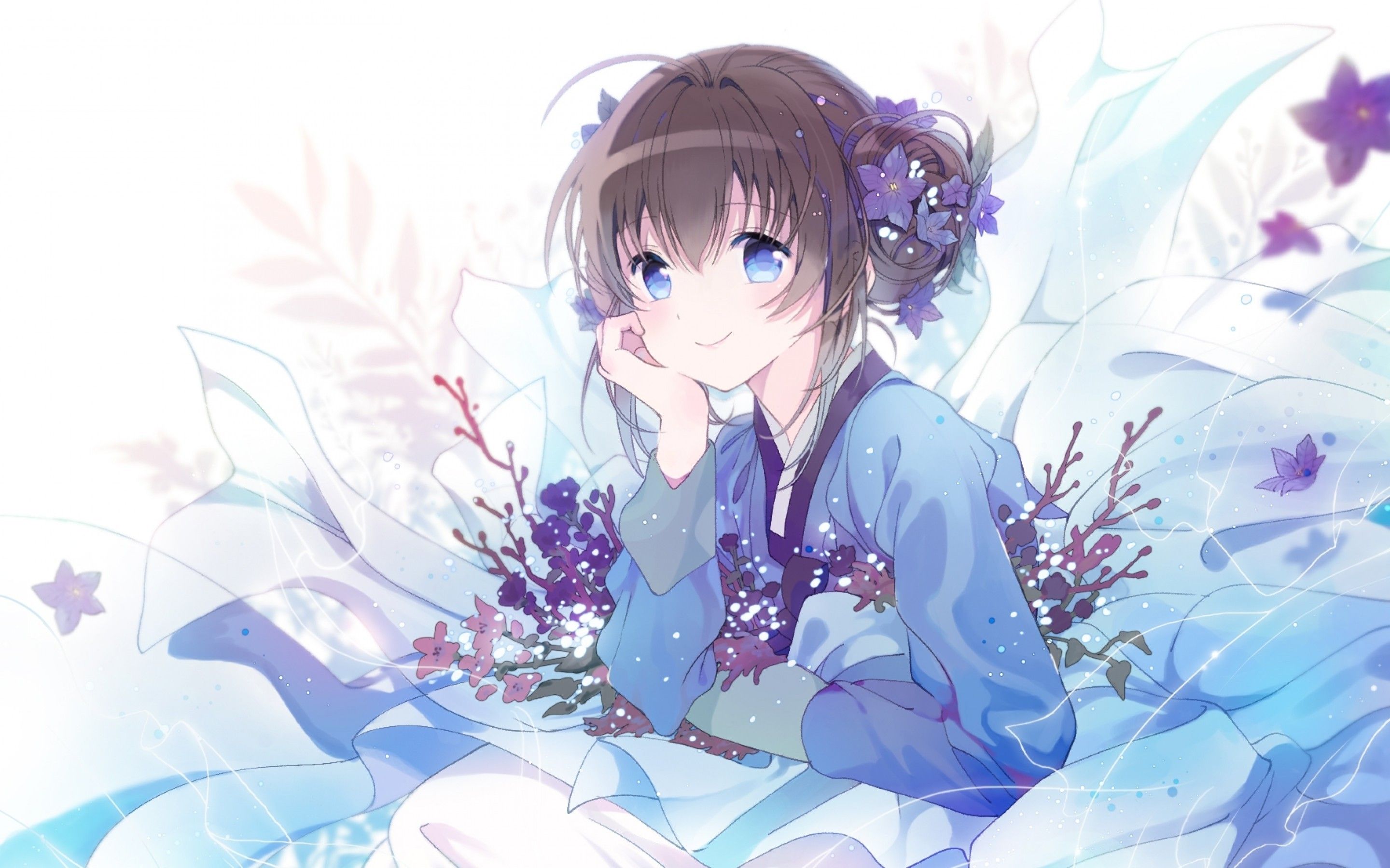 Download 2880x1800 Anime Girl, Traditional Clothes, Smiling, Blue Eyes, Brown Hair Wallpaper for MacBook Pro 15 inch