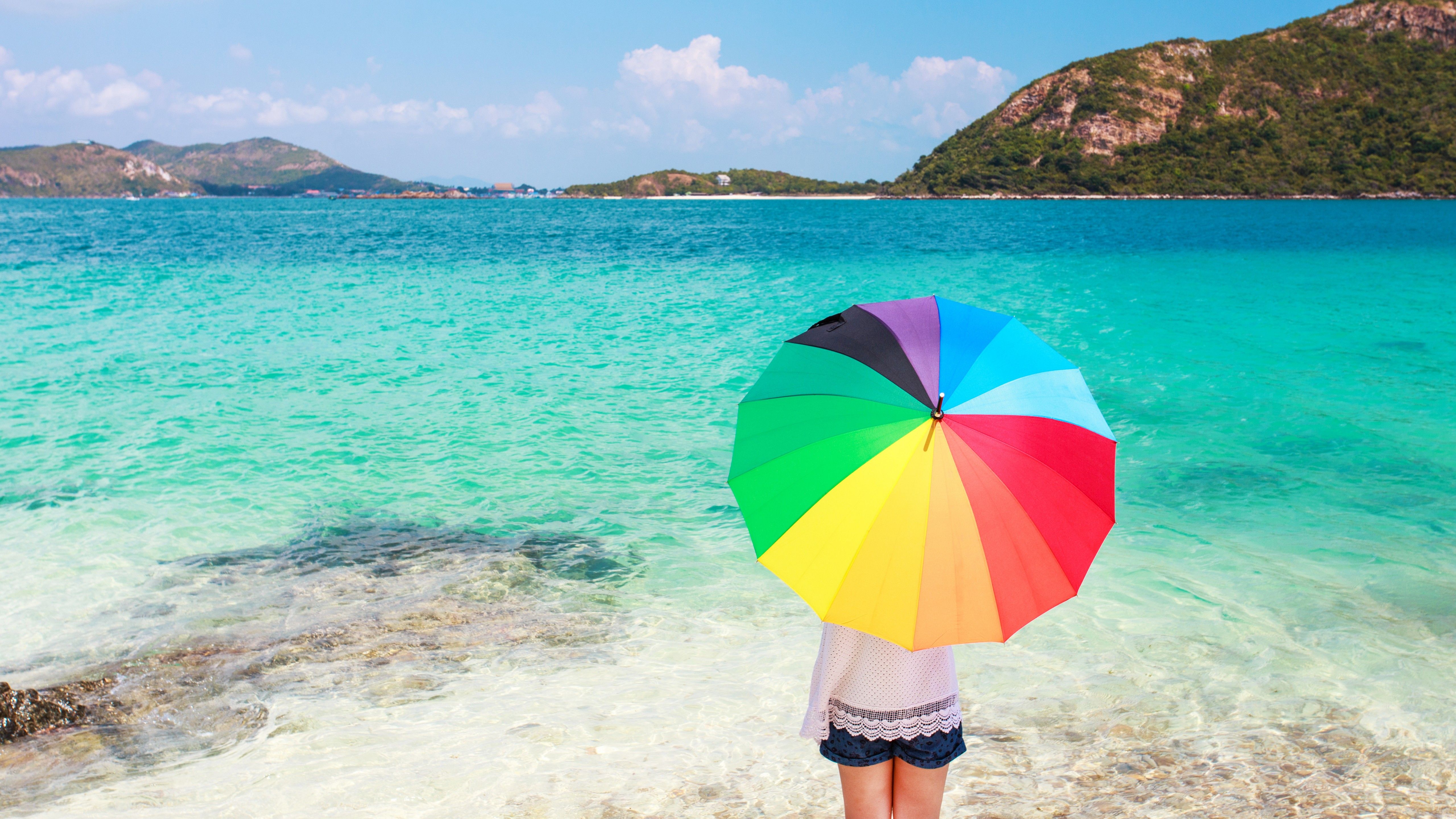 Beach Wallpaper 4K, Girl, Umbrella, Sea