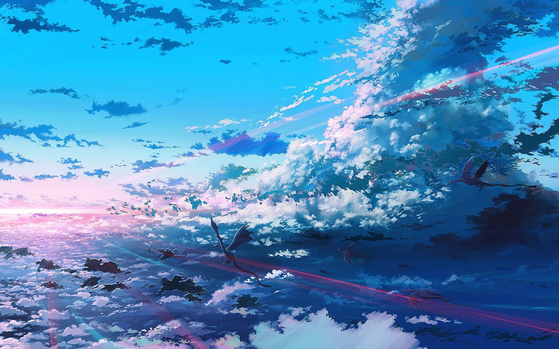 two dragons flying digital wallpaper fantasy art #dragon #sky #anime digital art #nature #clouds #artwork #cyan #pink. Anime scenery, Anime background, Sky anime
