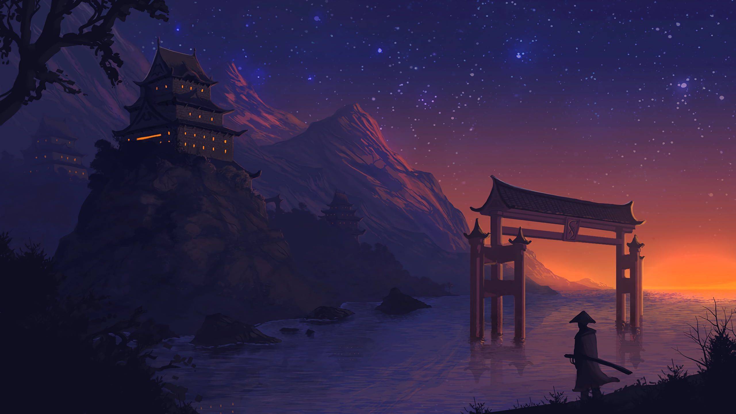 man near Torii gate wallpaper, gray temple wallpaper #landscape #anime digital art fantasy art #night #stars. HD landscape, Digital art fantasy, Fantasy landscape