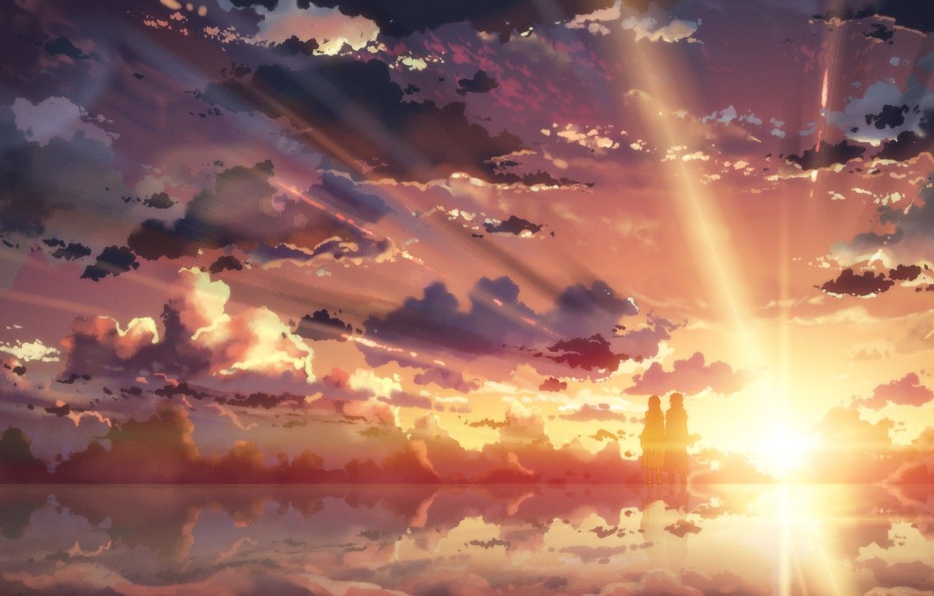 Wallpaper the sky, water, girl, the sun, clouds, sunset, reflection, anime, art, guy, yuuki tatsuya, sword art online, kirigaya kazuto, character yuuki image for desktop, section сёнэн