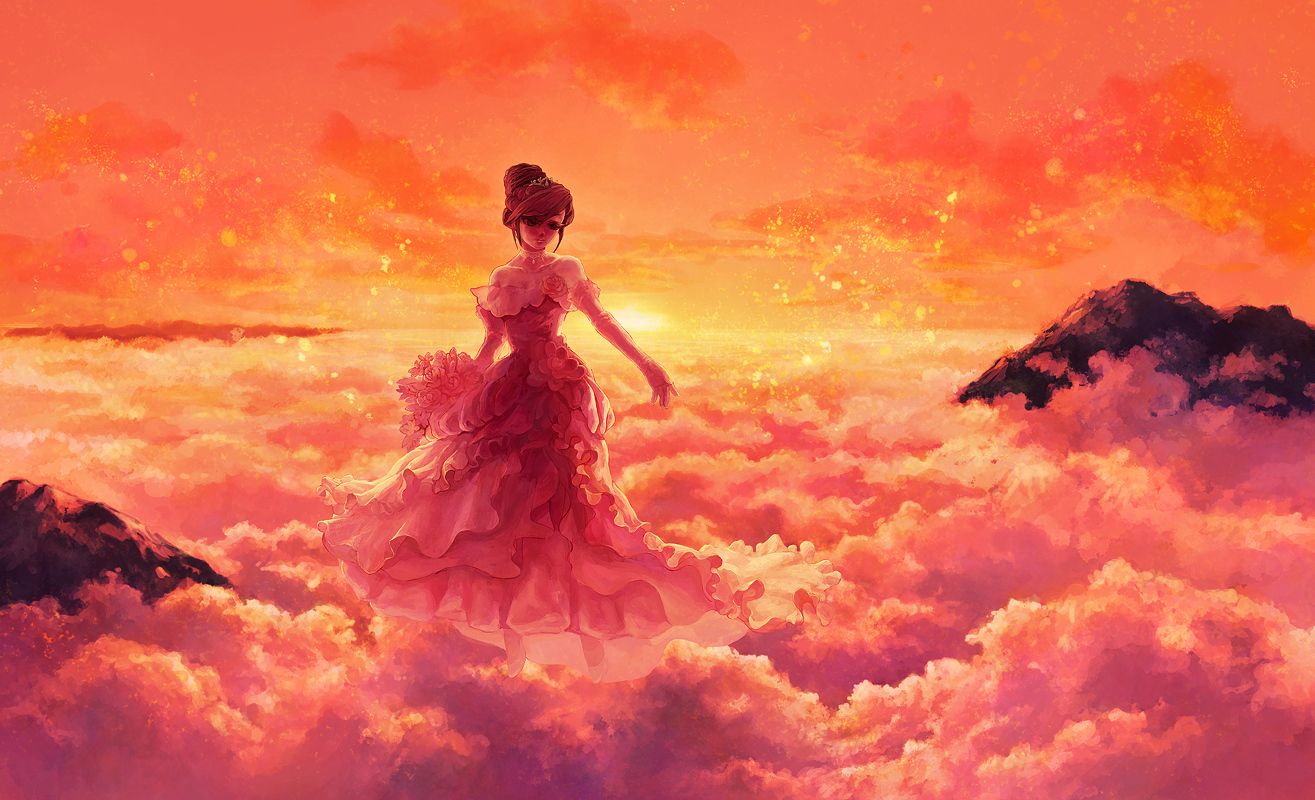 brown hair clouds dress flowers original scenic shtlmi sky sunset wedding dress: Anime Wallpaper