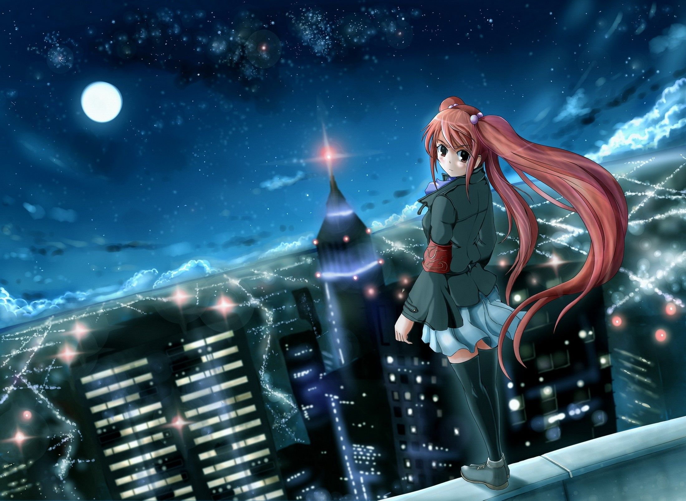 Anime, Girl, City, Night, Wind wallpaper