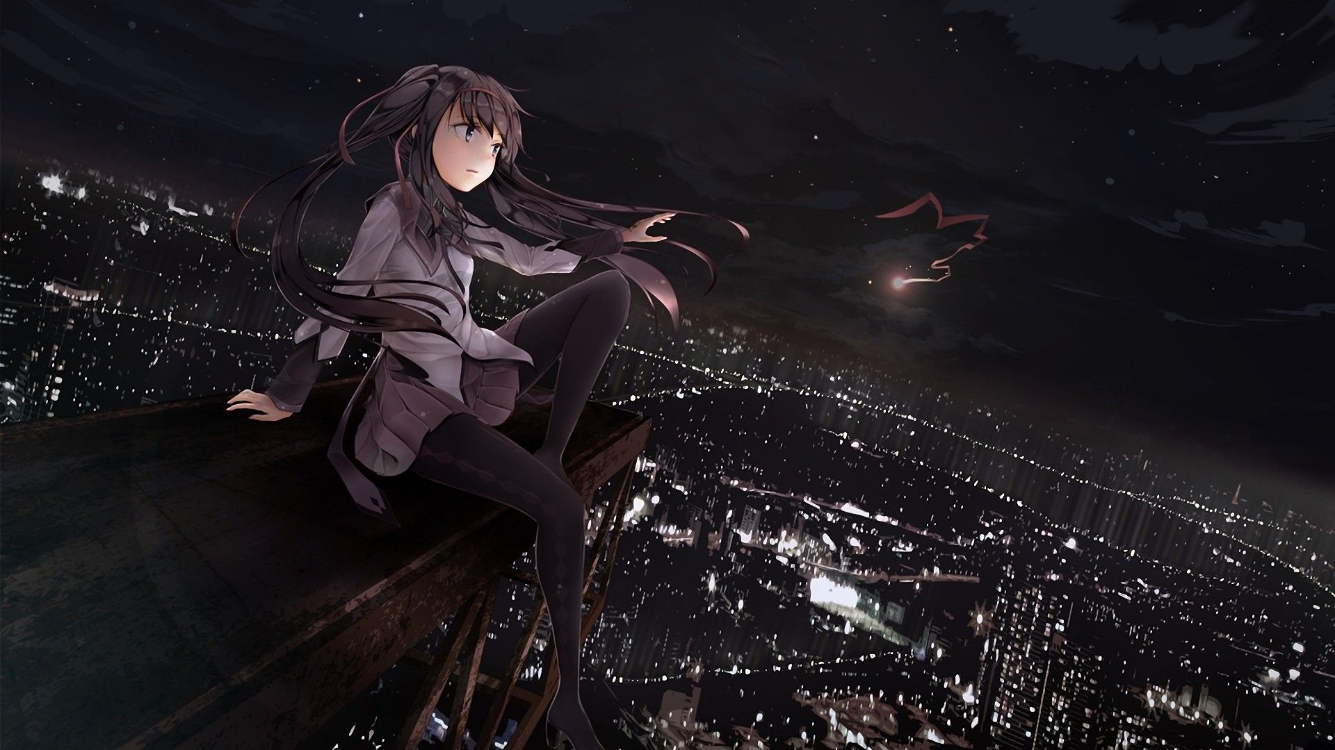 The girl looks at the city at night, anime girl fairy Madoka wallpaper and image, picture, photo