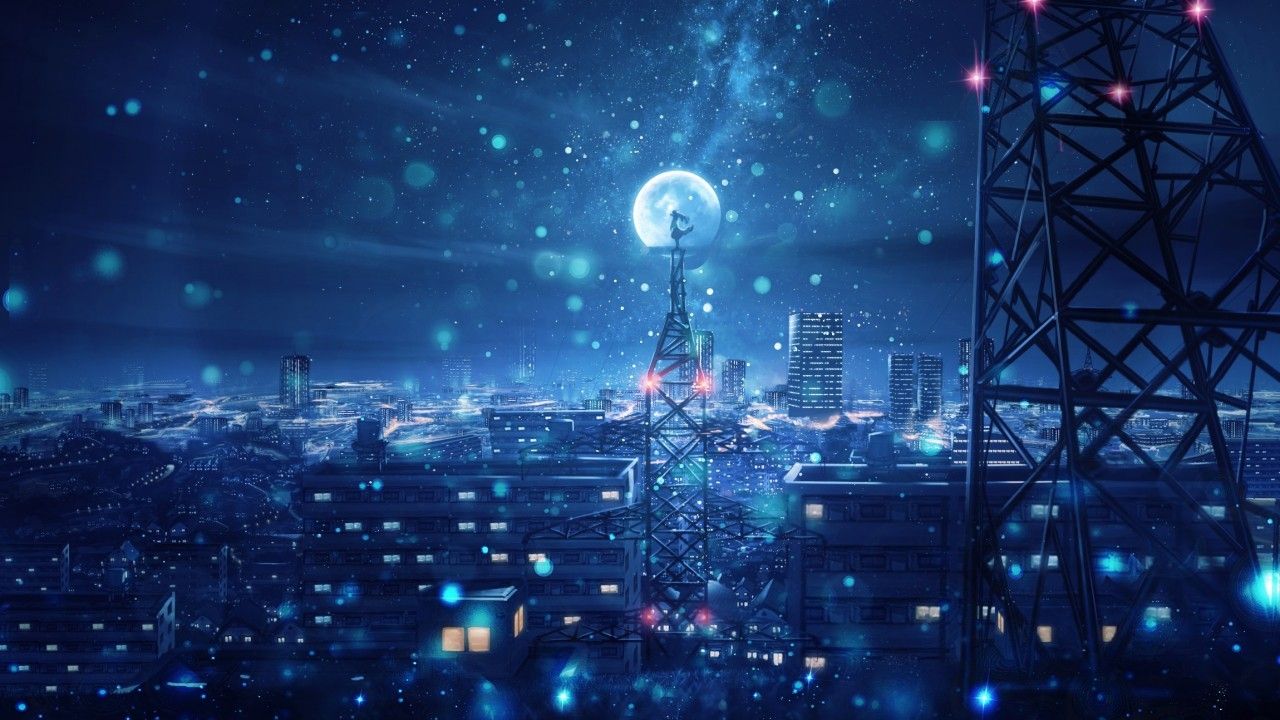 Download 1280x720 Anime City, Night, Moon, Stars, Sky, Scenic, Girl, Towers Wallpaper