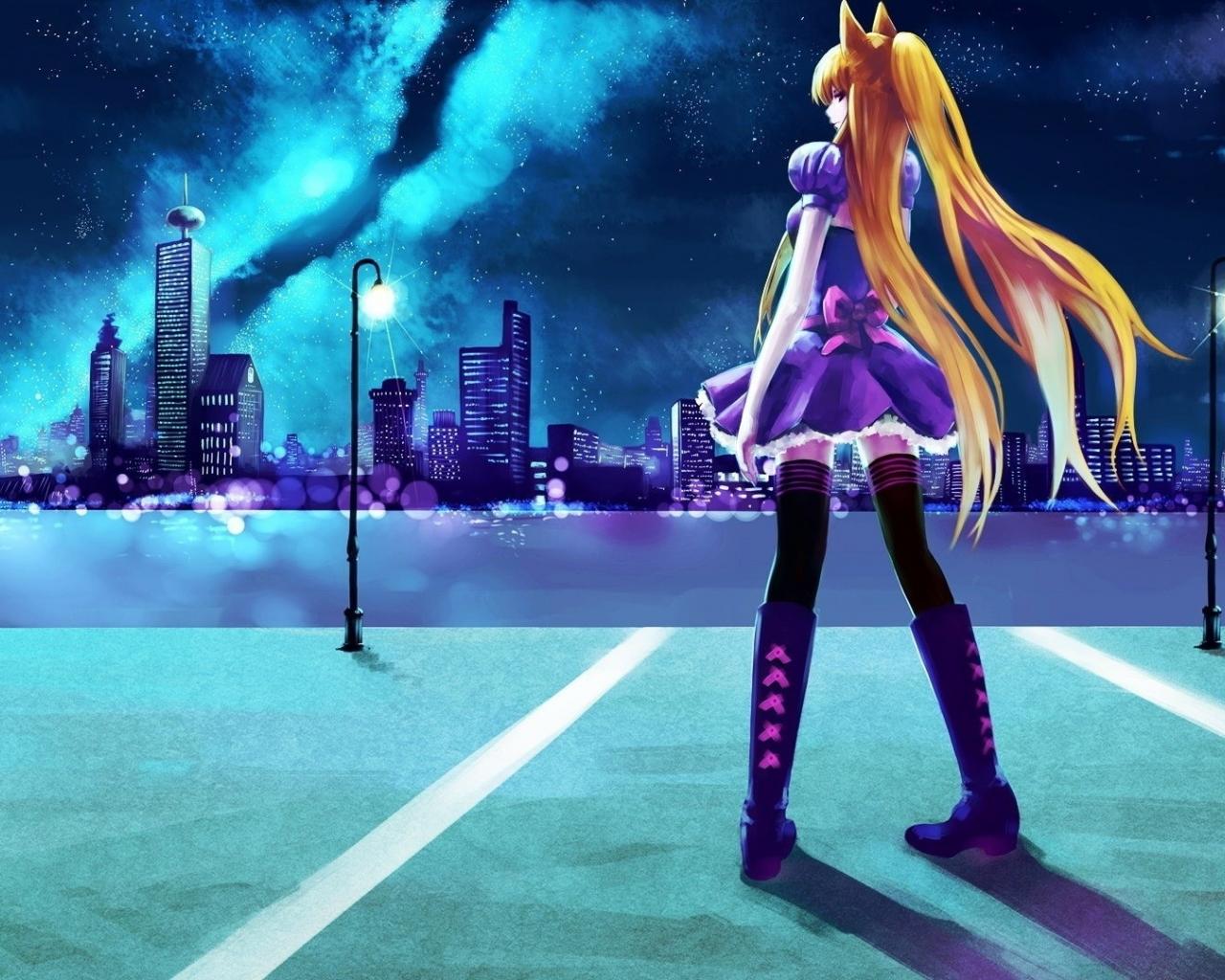 anime girl young parking city skyscraper night wallpaper