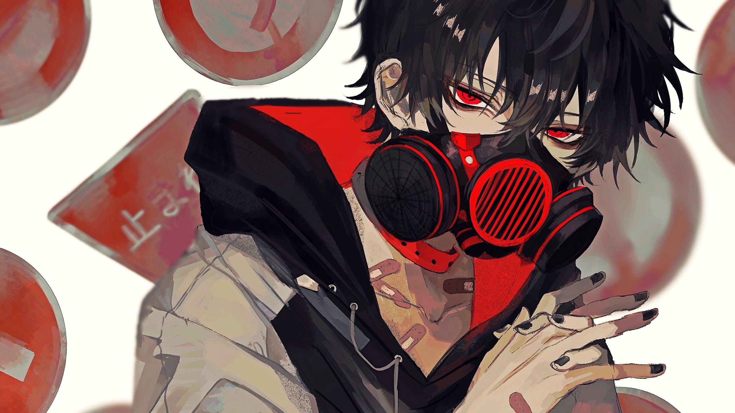 Anime, Boy, Gas Mask, 4k, Boy With Black Hair And Red Eyes Wallpaper & Background Download