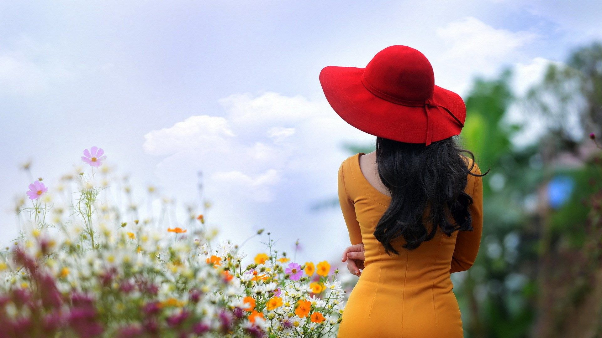Girl Brunette Yellow Dress Red Hat Flowers wallpaperx1080
