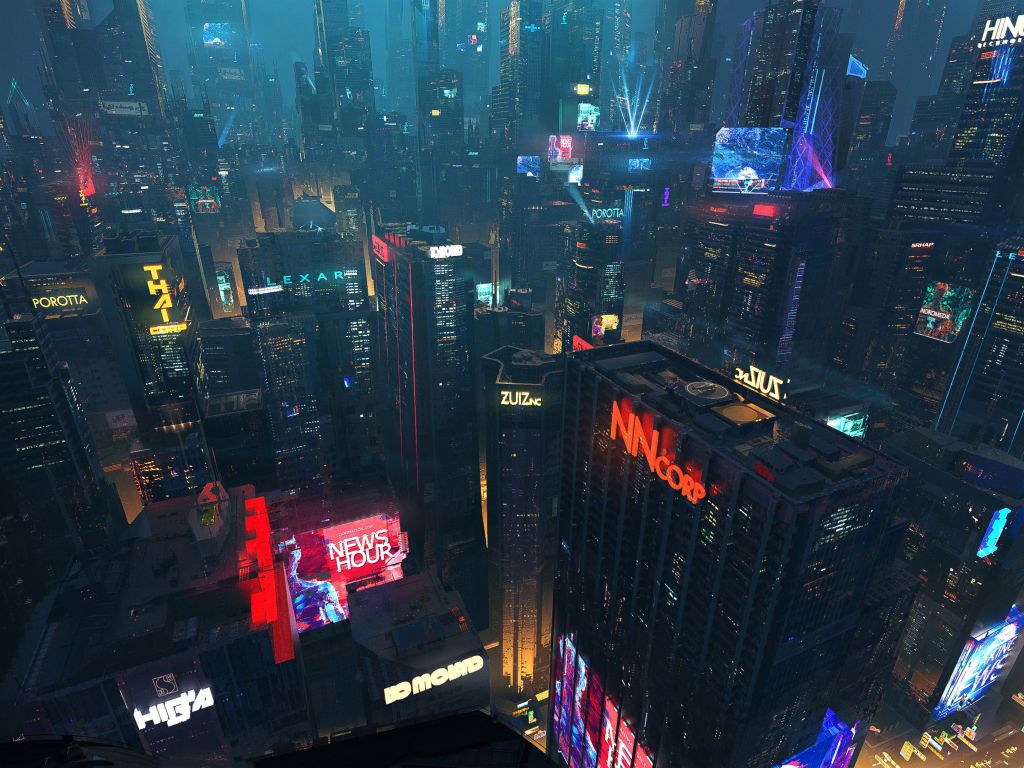 Wallpaper cityscape, futuristic city, night, buildings, dark desktop wallpaper, HD image, picture, background, 07dc2b