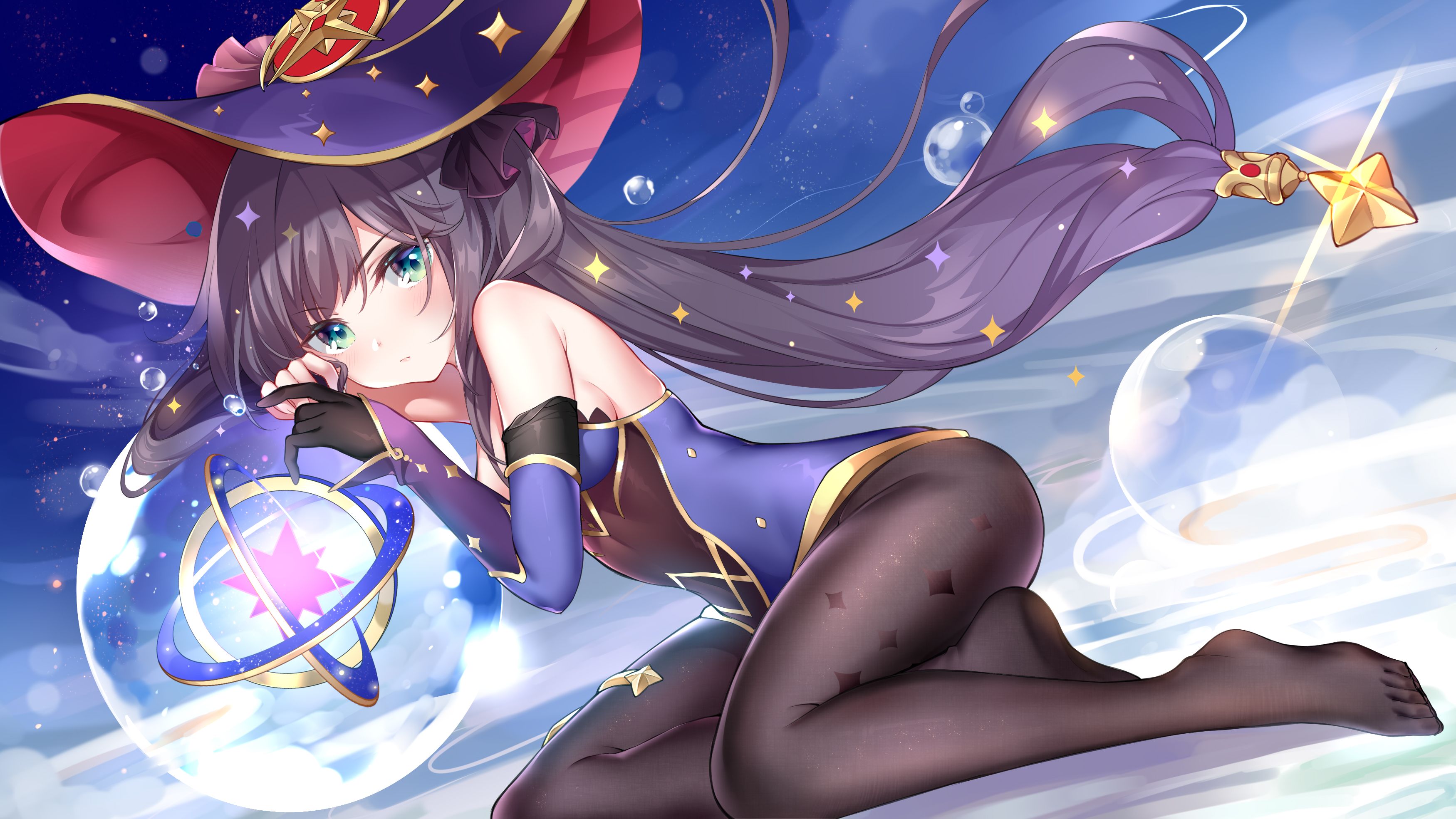 Mona Genshin Impact Genshin Impact Leotard Twintails Witch Hat Green Eyes Dark Blue Hair Dark Hair Wallpaper:3500x1969