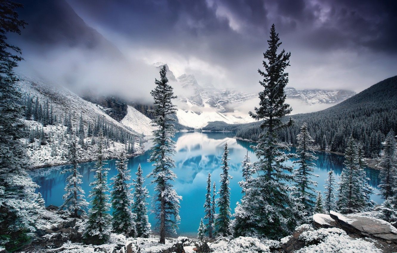 Wallpaper winter, clouds, snow, trees, mountains, clouds, fog, lake, Nature, Canada, Albert, Banff national Park, moraine lake image for desktop, section пейзажи