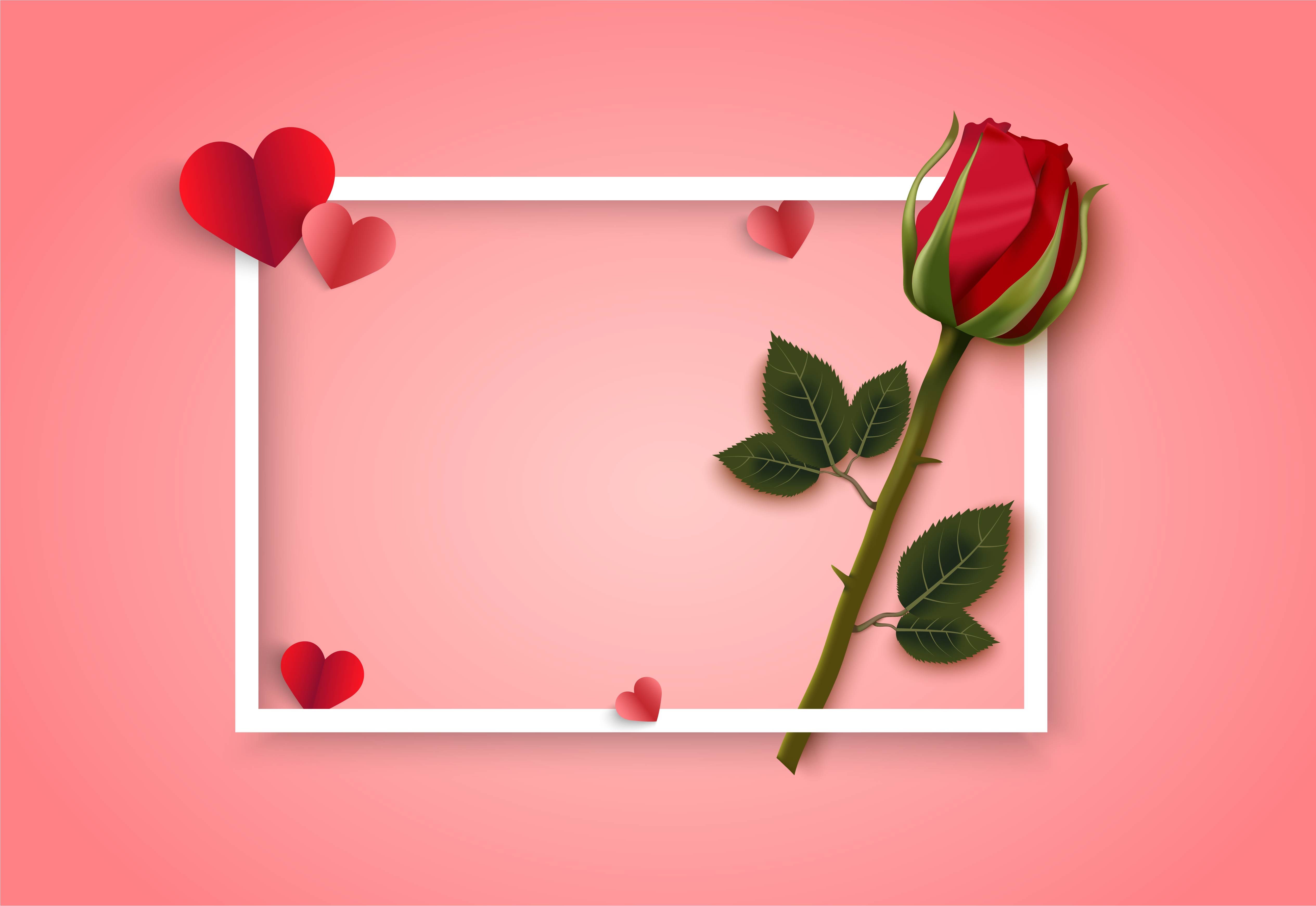Valentines day pink background with white frame, hearts and rose Free Vectors, Clipart Graphics & Vector Art
