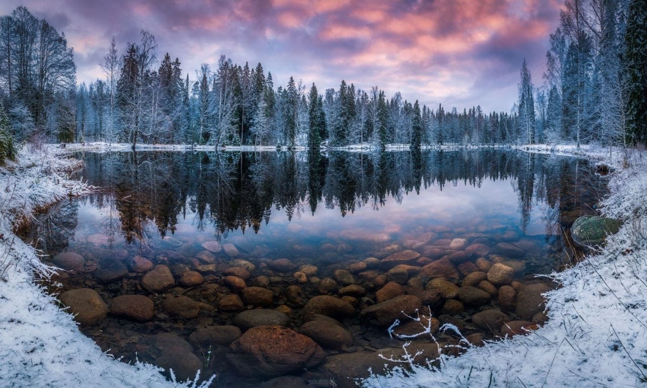 Finland Nature Landscape Winter Snow Morning Sunrise Forest Lake Reflection Transparent Water Stones HD Wallpaper 2560x1440, Wallpaper13.com
