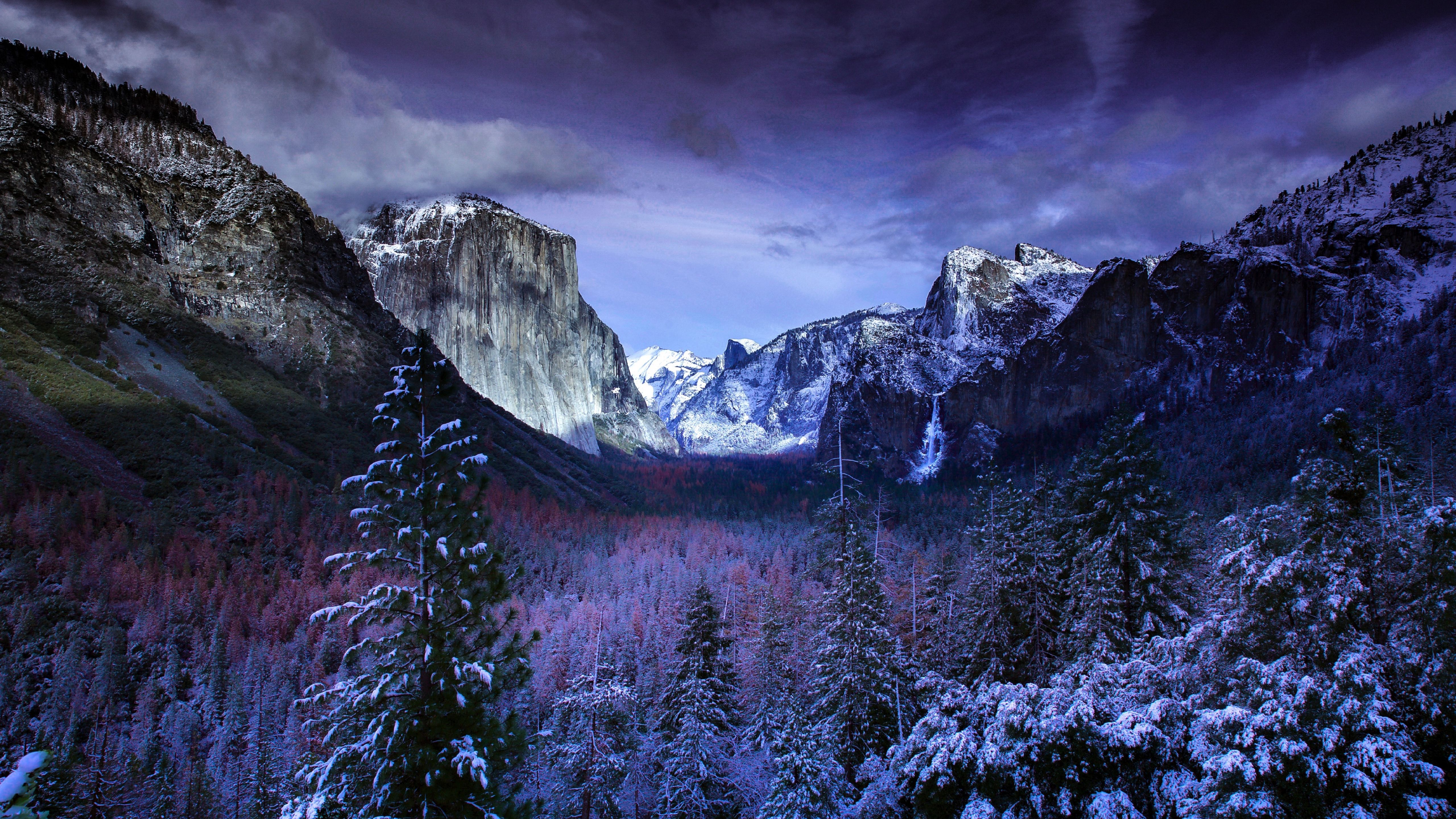 Download 5120x2880 wallpaper yosemite valley, trees, sunset, winter, nature, 5k image, background, 562