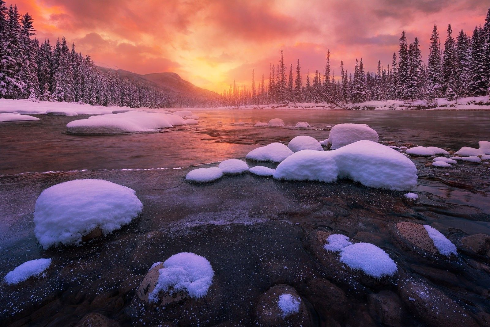 nature, Landscape, Winter, Sunrise, Forest, Snow, River, Cold, Mountain, Sky, Banff National Park, Canada Wallpaper HD / Desktop and Mobile Background