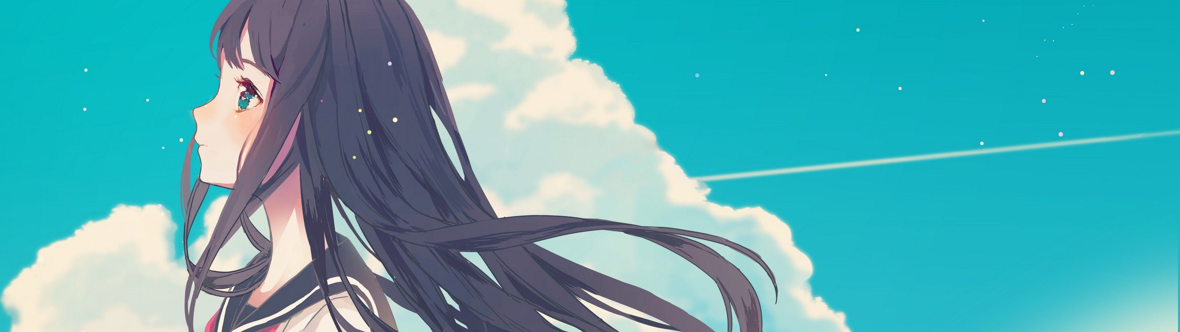 Anime 3840x1080 anime girls sky clouds black hair school uniform. Character wallpaper, Anime, Wallpaper