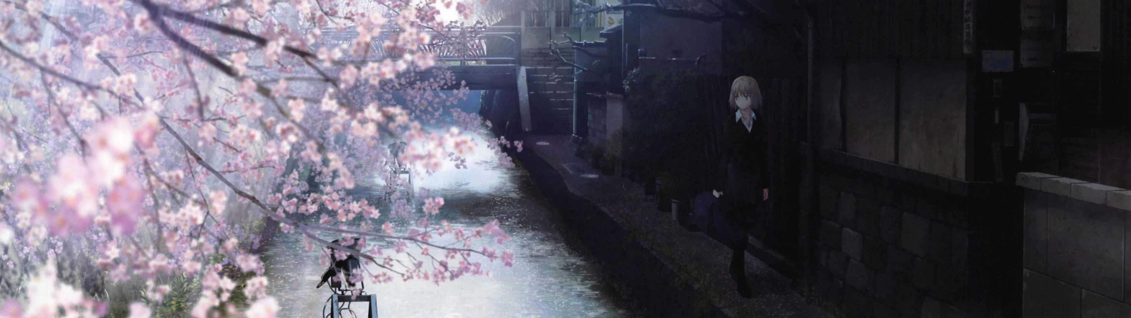 Download 3840x1080 Anime Girl, Stream, Cherry Blossom, Buildings, Scenic Wallpaper